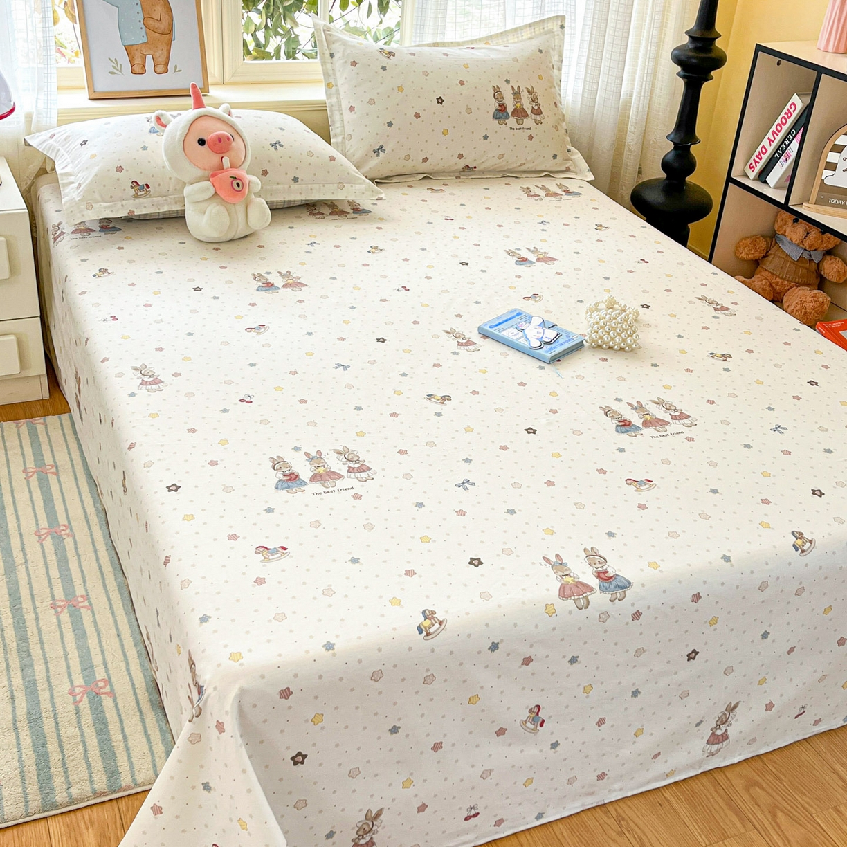 91家纺网 家纺一手货源 找家纺 铭成家纺 2026新款全棉印花小清新单床单（提供买家秀） 珍妮小兔