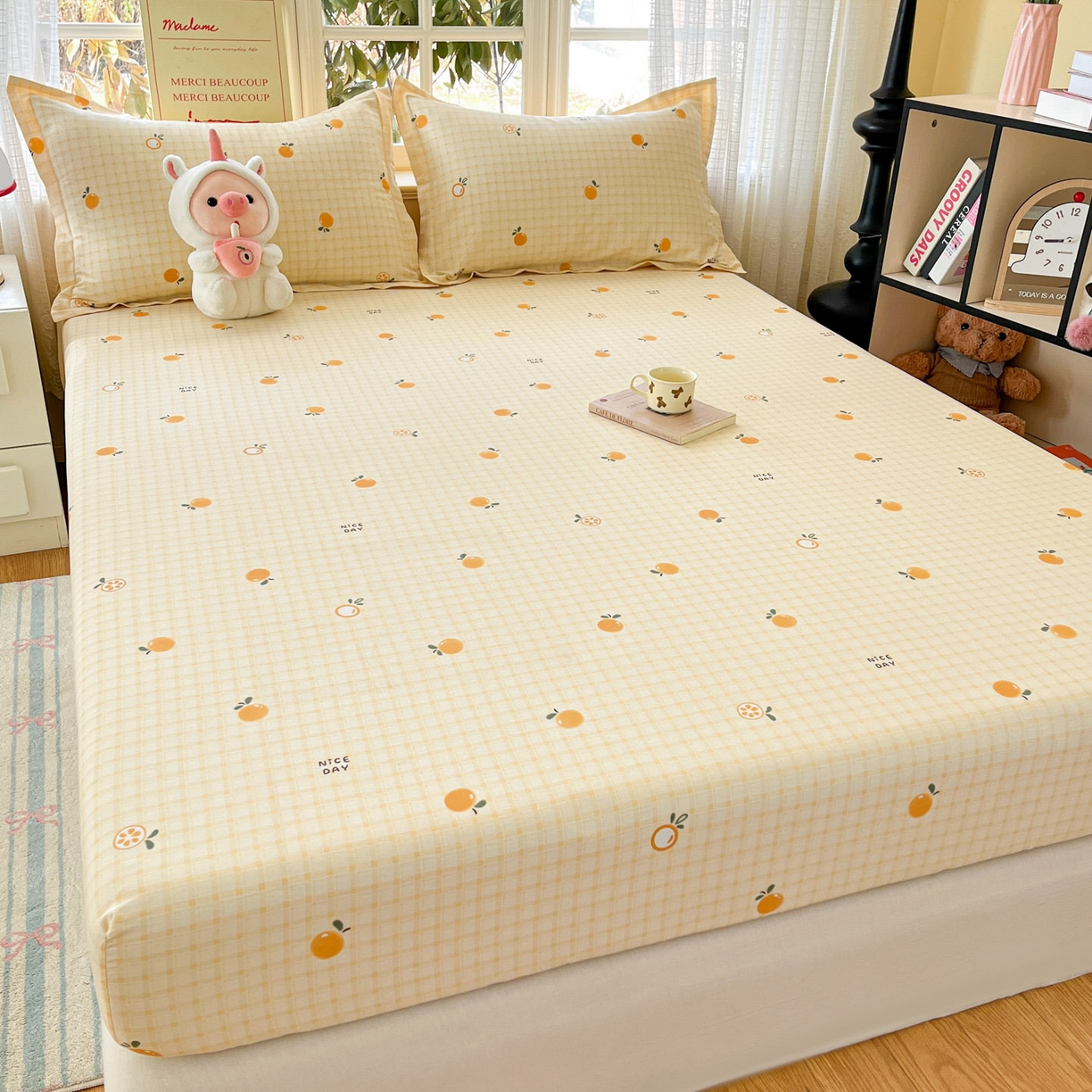 91家纺网 家纺一手货源 找家纺 铭成家纺 2026新款全棉印花小清新单床笠（提供买家秀） 橘子格