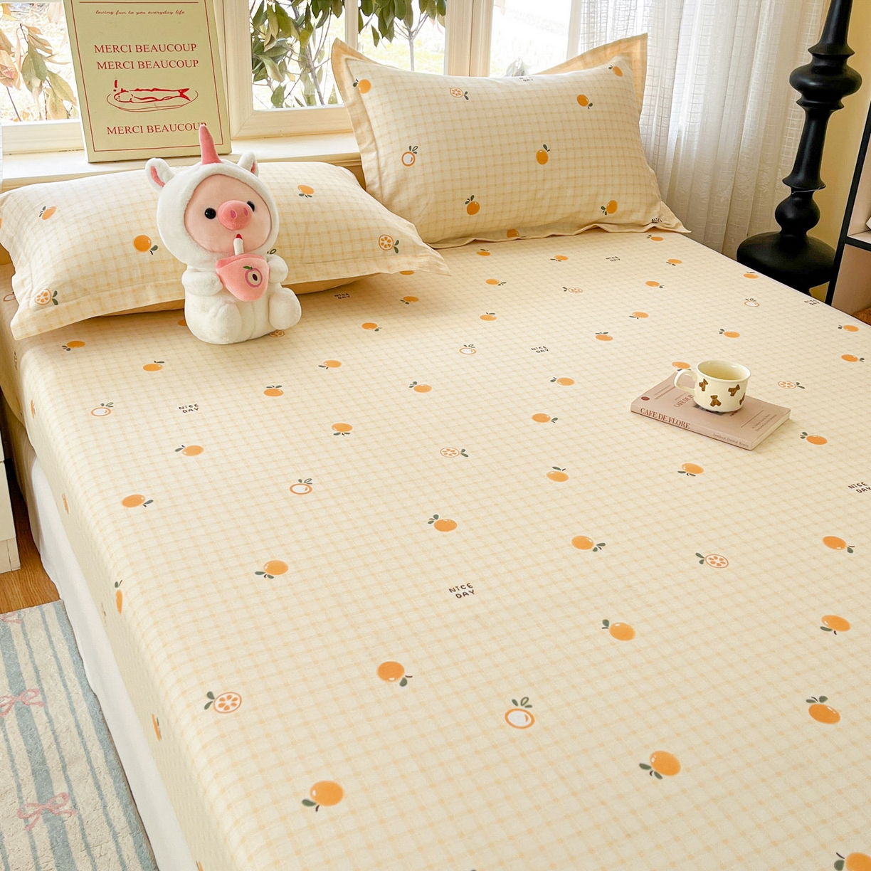 91家纺网 家纺一手货源 找家纺 铭成家纺 2026新款全棉印花小清新单床笠（提供买家秀） 橘子格