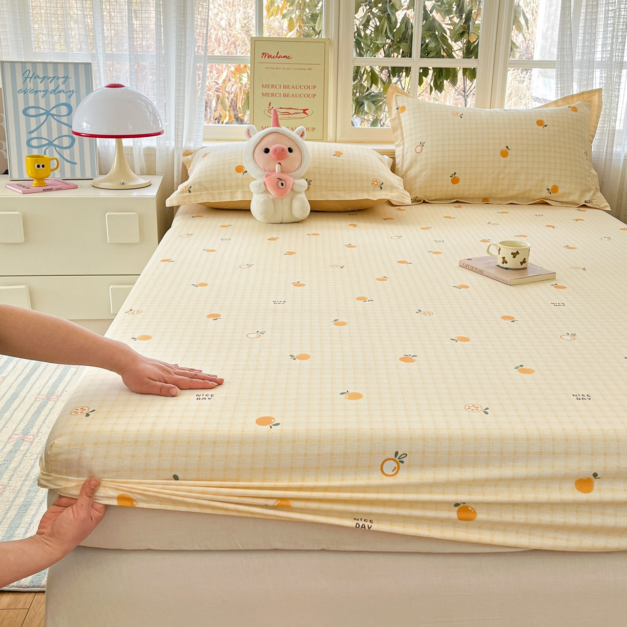 91家纺网 家纺一手货源 找家纺 铭成家纺 2026新款全棉印花小清新单床笠（提供买家秀） 橘子格
