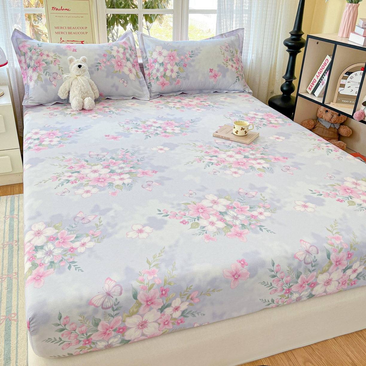 91家纺网 家纺一手货源 找家纺 铭成家纺 2026新款全棉印花小清新单床笠（提供买家秀） 恋蝶花香