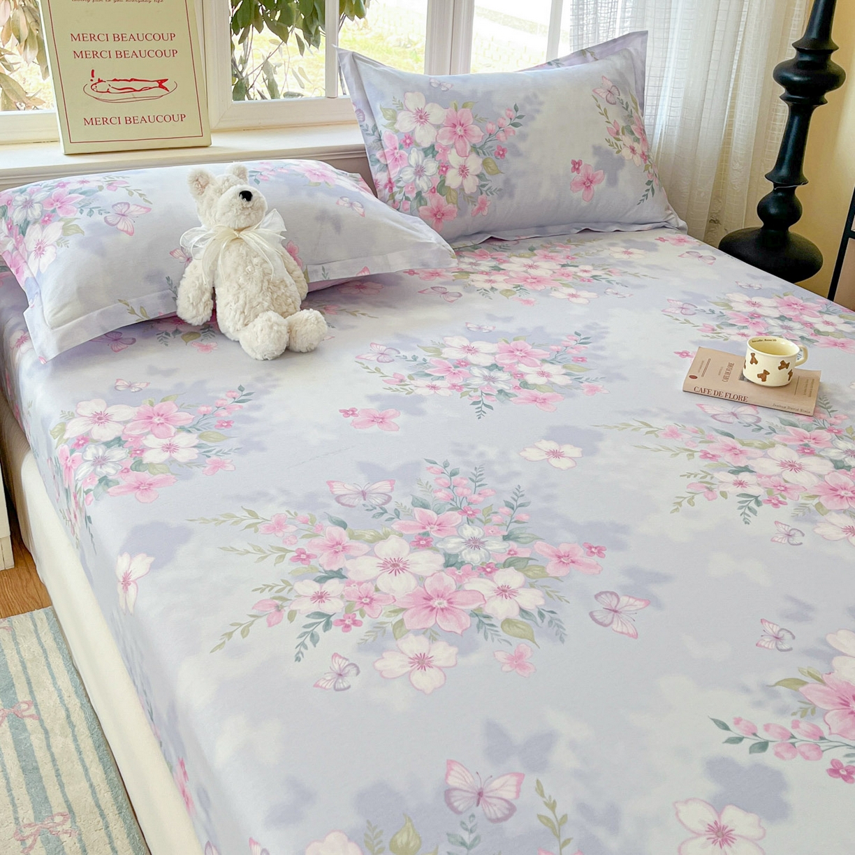 91家纺网 家纺一手货源 找家纺 铭成家纺 2026新款全棉印花小清新单床笠（提供买家秀） 恋蝶花香