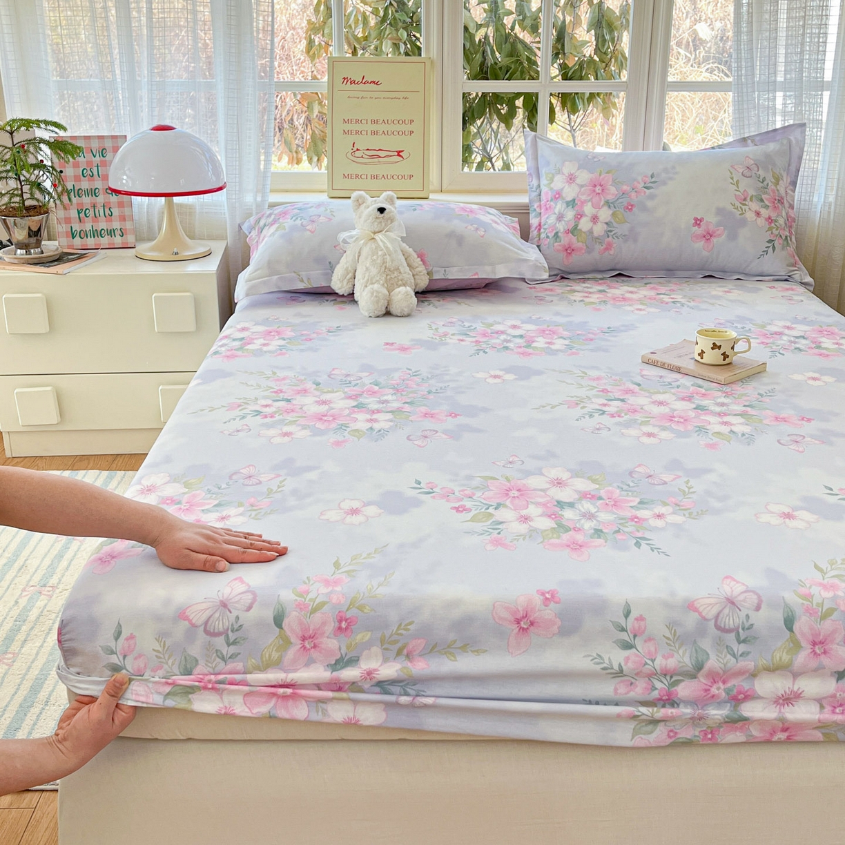 91家纺网 家纺一手货源 找家纺 铭成家纺 2026新款全棉印花小清新单床笠（提供买家秀） 恋蝶花香