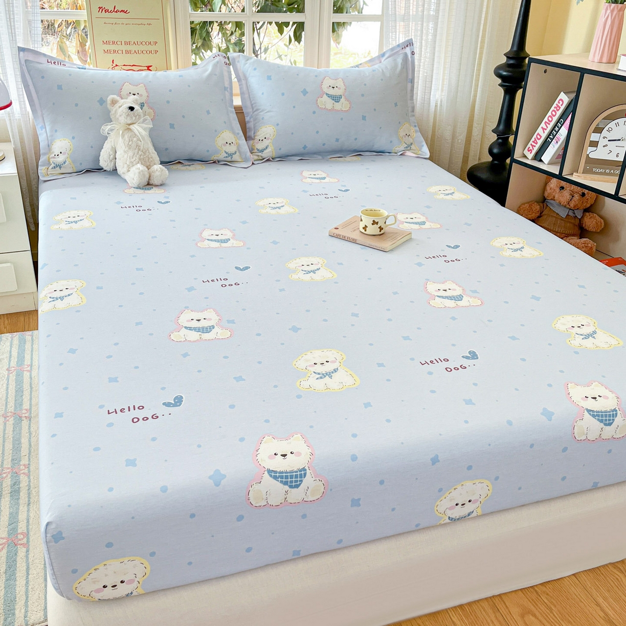 91家纺网 家纺一手货源 找家纺 铭成家纺 2026新款全棉印花小清新单床笠（提供买家秀） 纳瑞小狗