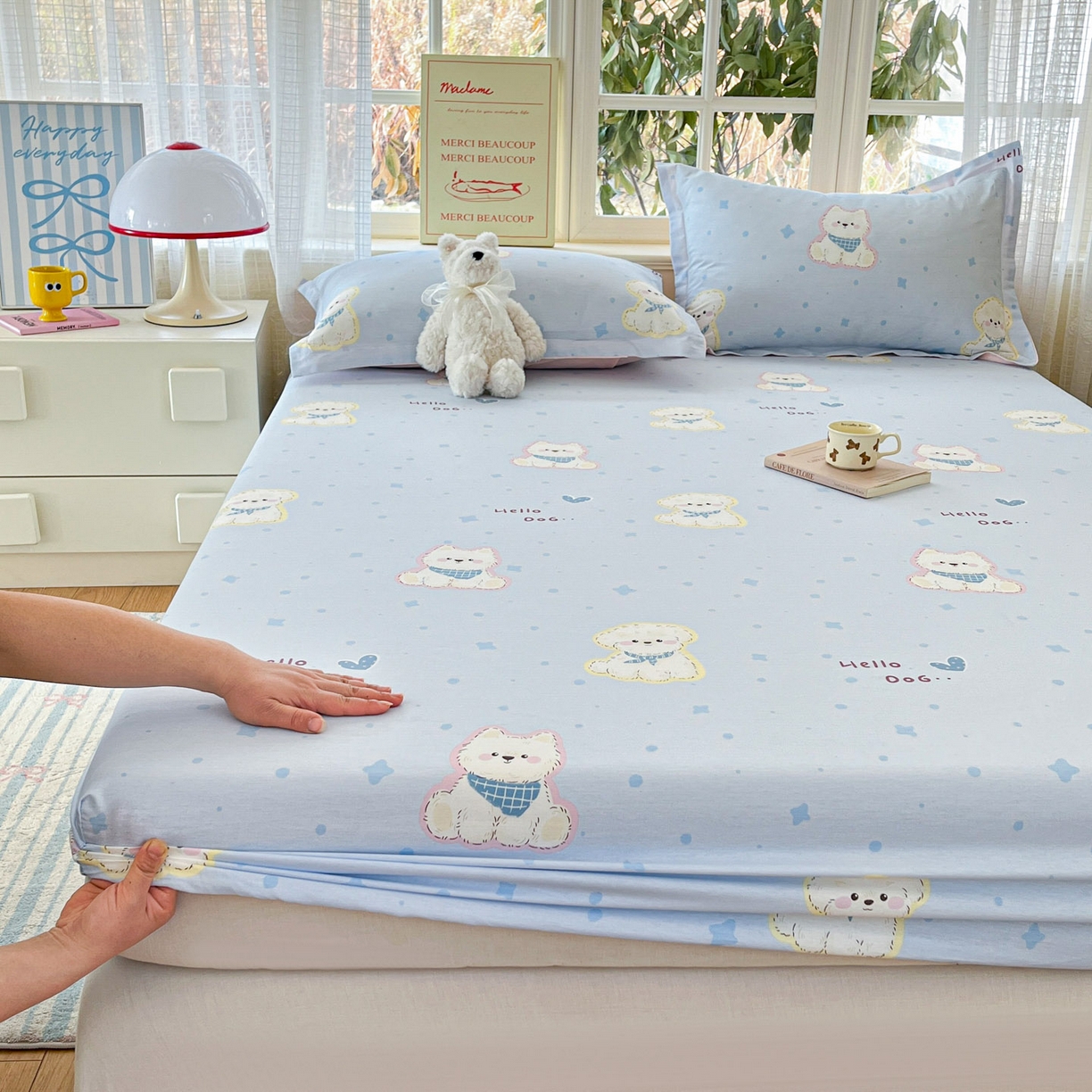 91家纺网 家纺一手货源 找家纺 铭成家纺 2026新款全棉印花小清新单床笠（提供买家秀） 纳瑞小狗