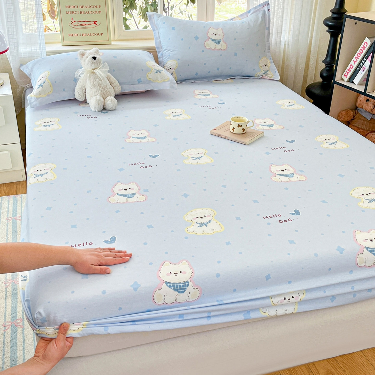 91家纺网 家纺一手货源 找家纺 铭成家纺 2026新款全棉印花小清新单床笠（提供买家秀） 纳瑞小狗