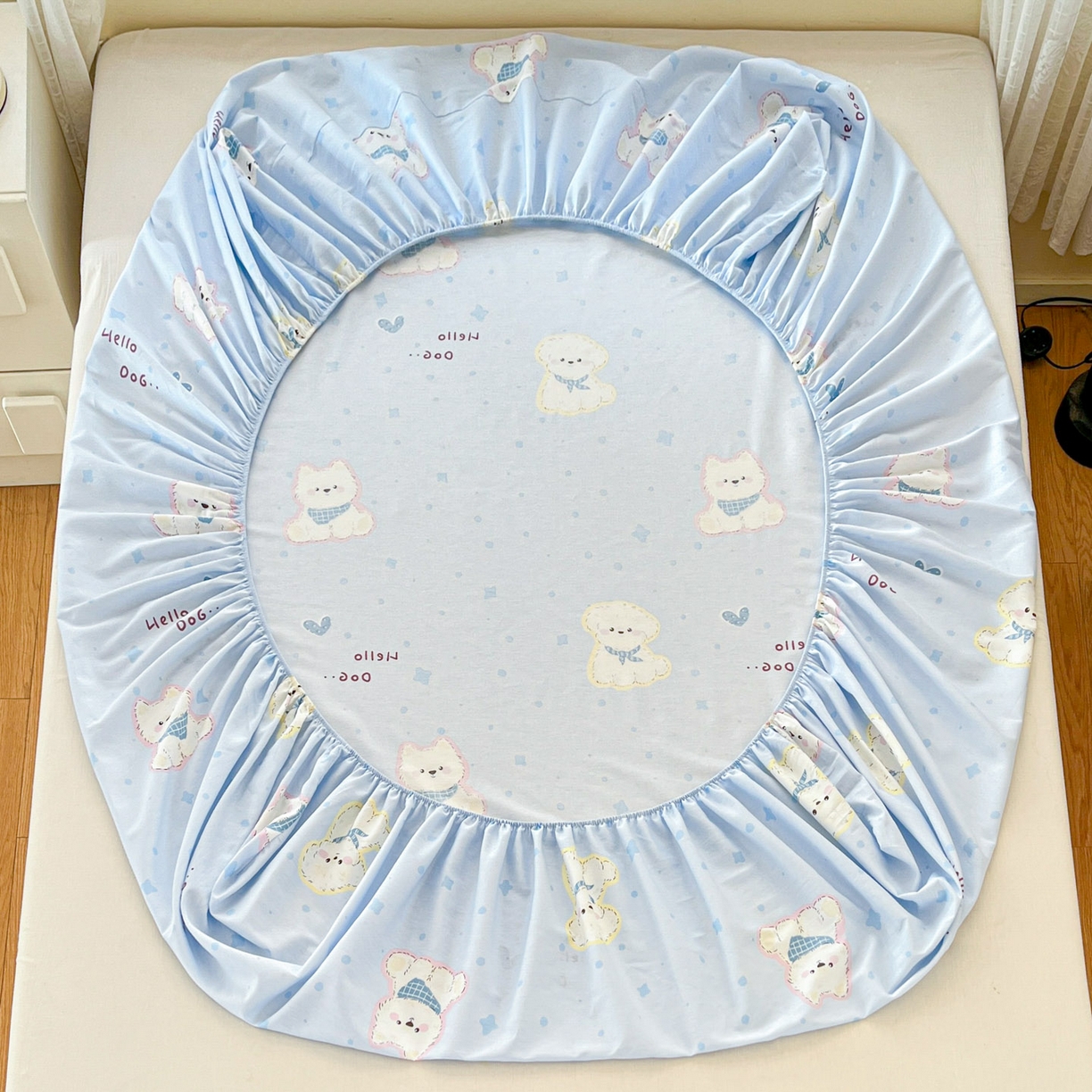 91家纺网 家纺一手货源 找家纺 铭成家纺 2026新款全棉印花小清新单床笠（提供买家秀） 纳瑞小狗