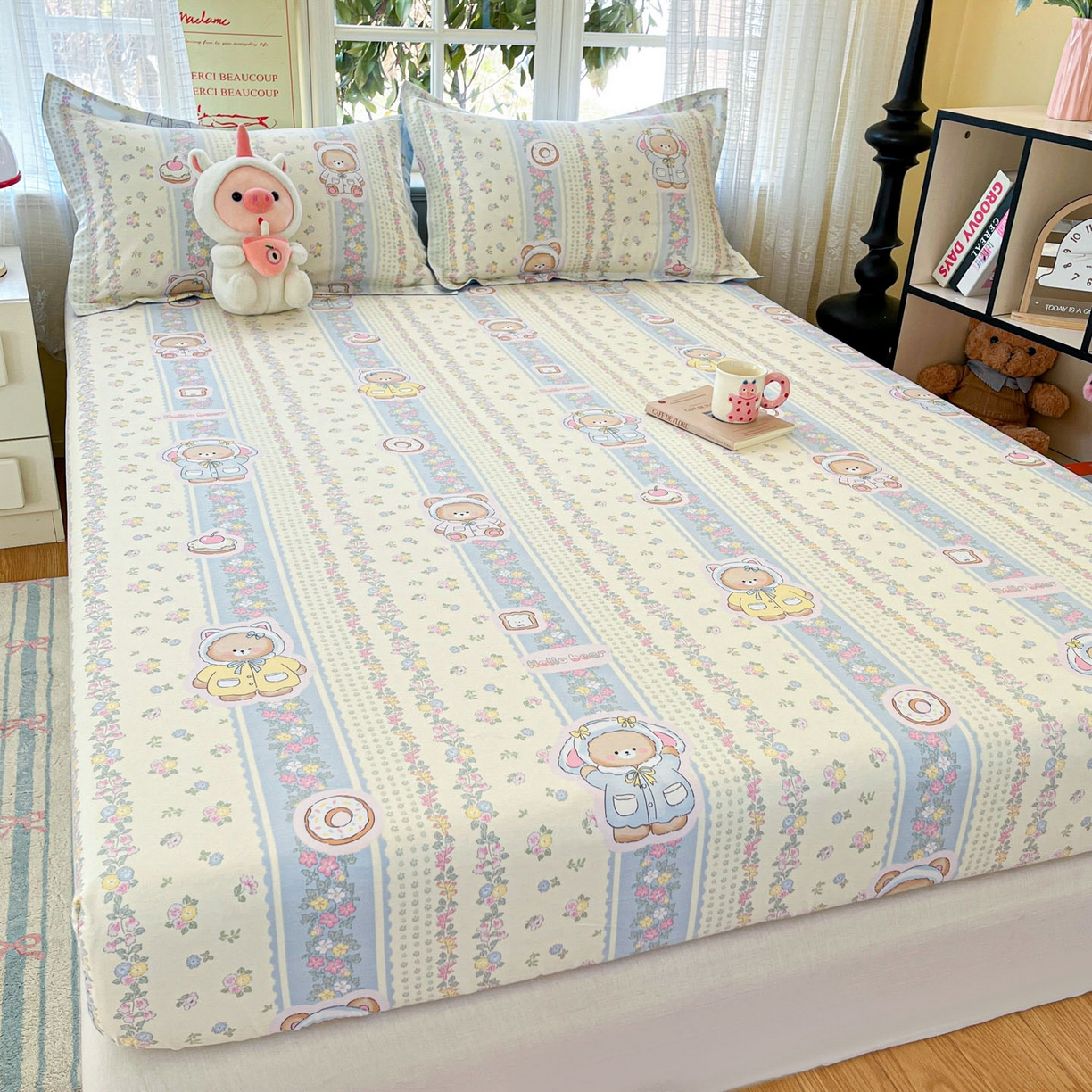 91家纺网 家纺一手货源 找家纺 铭成家纺 2026新款全棉印花小清新单床笠（提供买家秀） 甜甜圈小熊