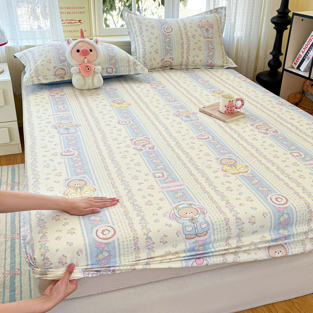 91家纺网 家纺一手货源 找家纺 铭成家纺 2026新款全棉印花小清新单床笠（提供买家秀） 甜甜圈小熊