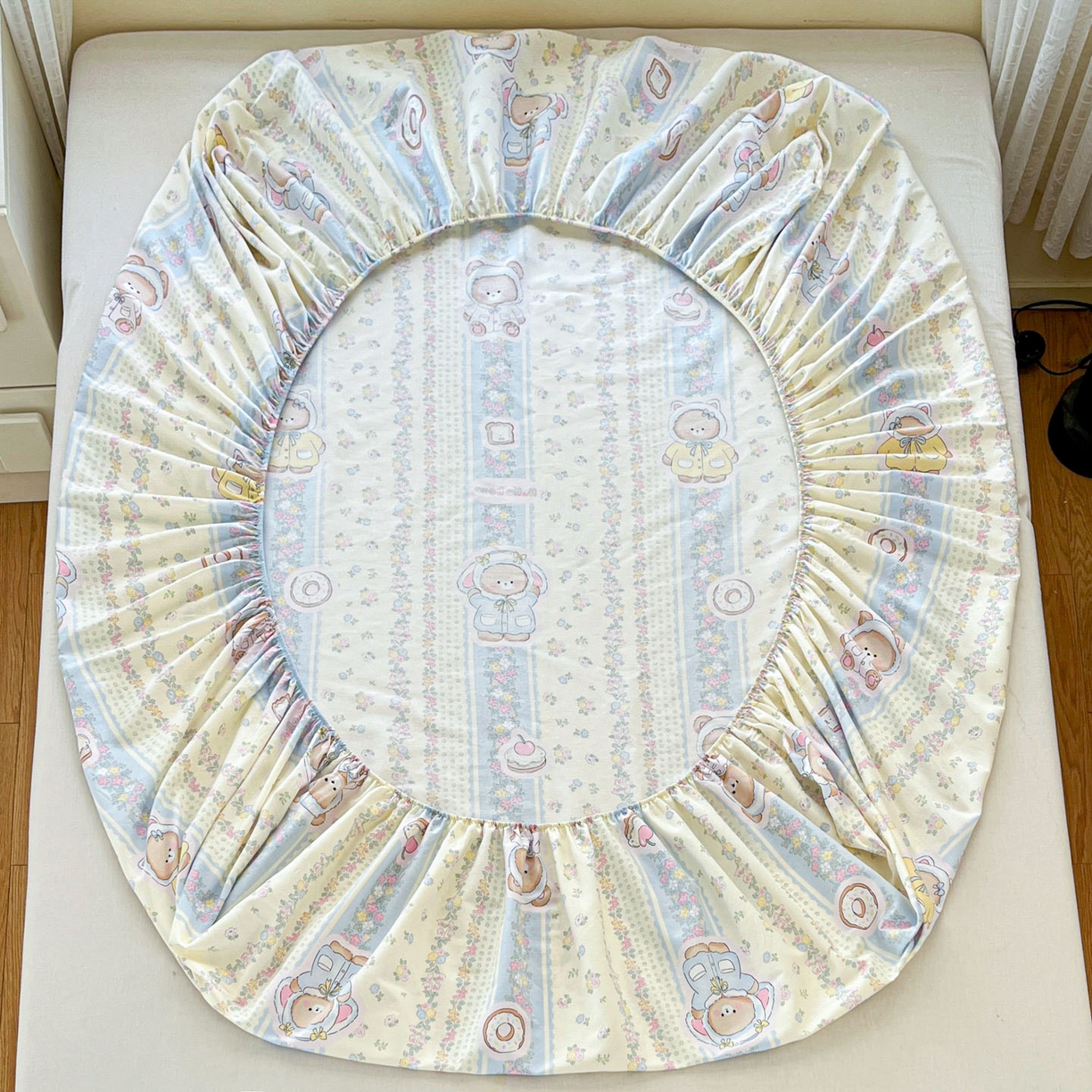 91家纺网 家纺一手货源 找家纺 铭成家纺 2026新款全棉印花小清新单床笠（提供买家秀） 甜甜圈小熊