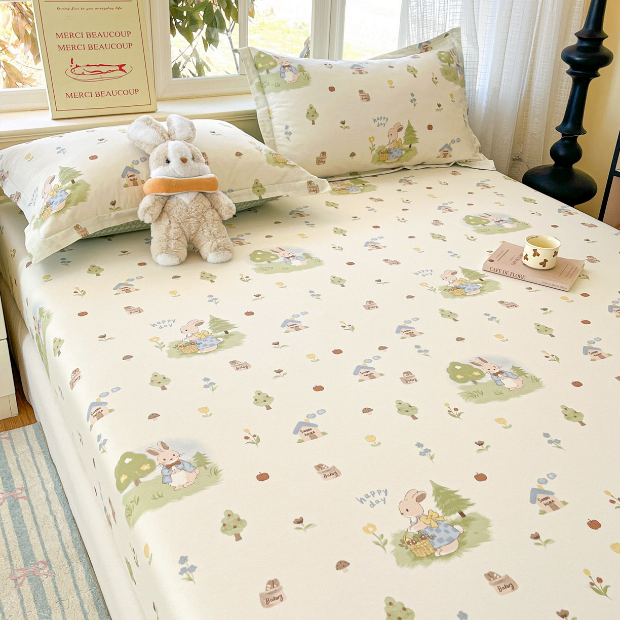 91家纺网 家纺一手货源 找家纺 铭成家纺 2026新款全棉印花小清新单床笠（提供买家秀） 兔子探险