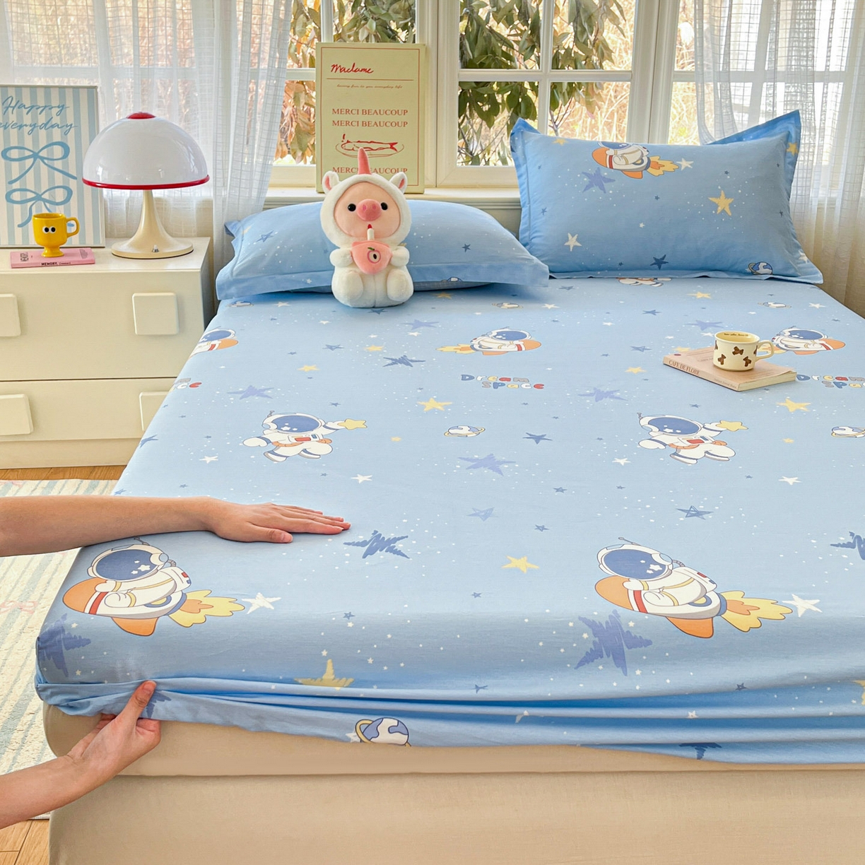 91家纺网 家纺一手货源 找家纺 铭成家纺 2026新款全棉印花小清新单床笠（提供买家秀） 月球摘星