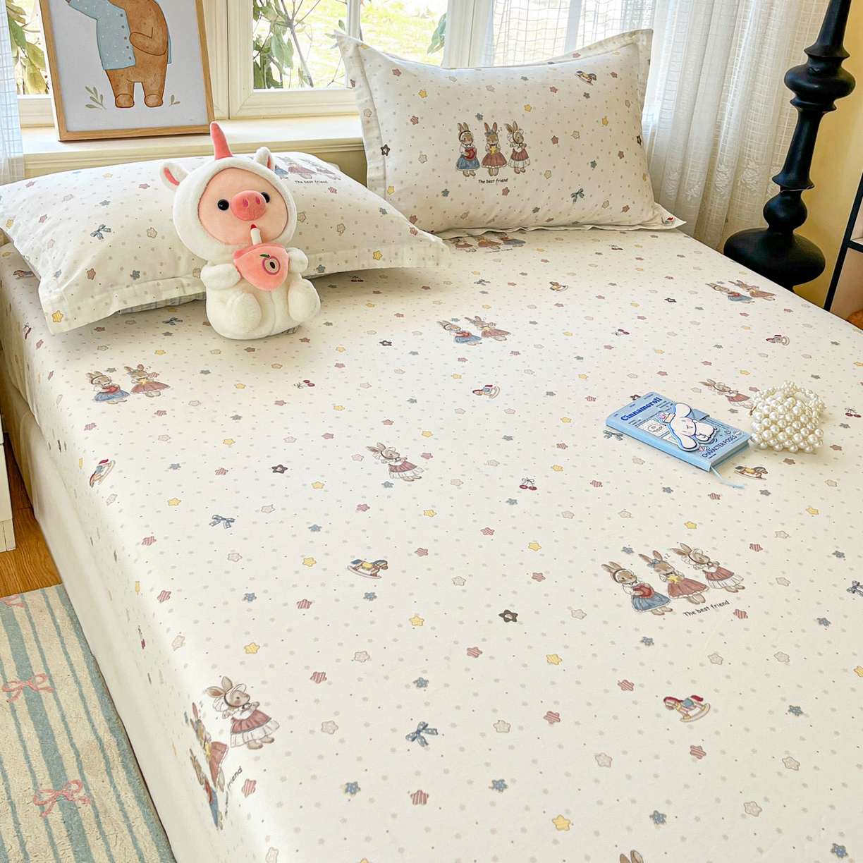 91家纺网 家纺一手货源 找家纺 铭成家纺 2026新款全棉印花小清新单床笠（提供买家秀） 珍妮小兔