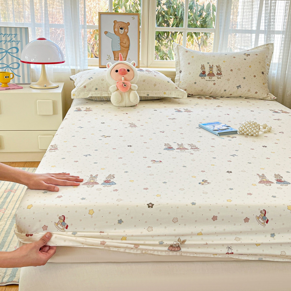 91家纺网 家纺一手货源 找家纺 铭成家纺 2026新款全棉印花小清新单床笠（提供买家秀） 珍妮小兔