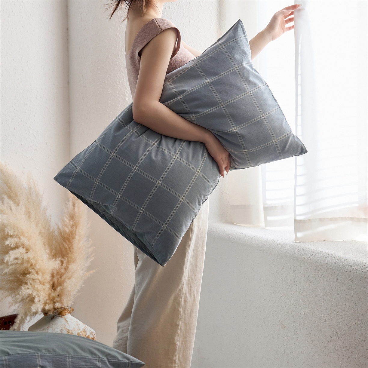 启程家纺 2026新款全棉纯棉色织水洗棉单枕套枕套单件单品枕套 大布丁-绿