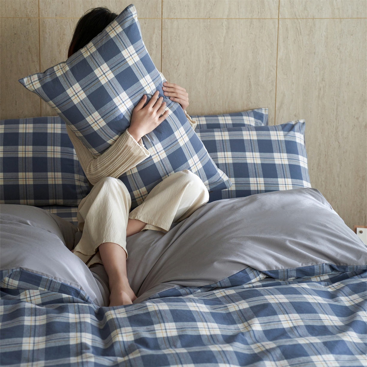 启程家纺 2026新款全棉纯棉色织水洗棉单枕套枕套单件单品枕套 缤纷格-灰