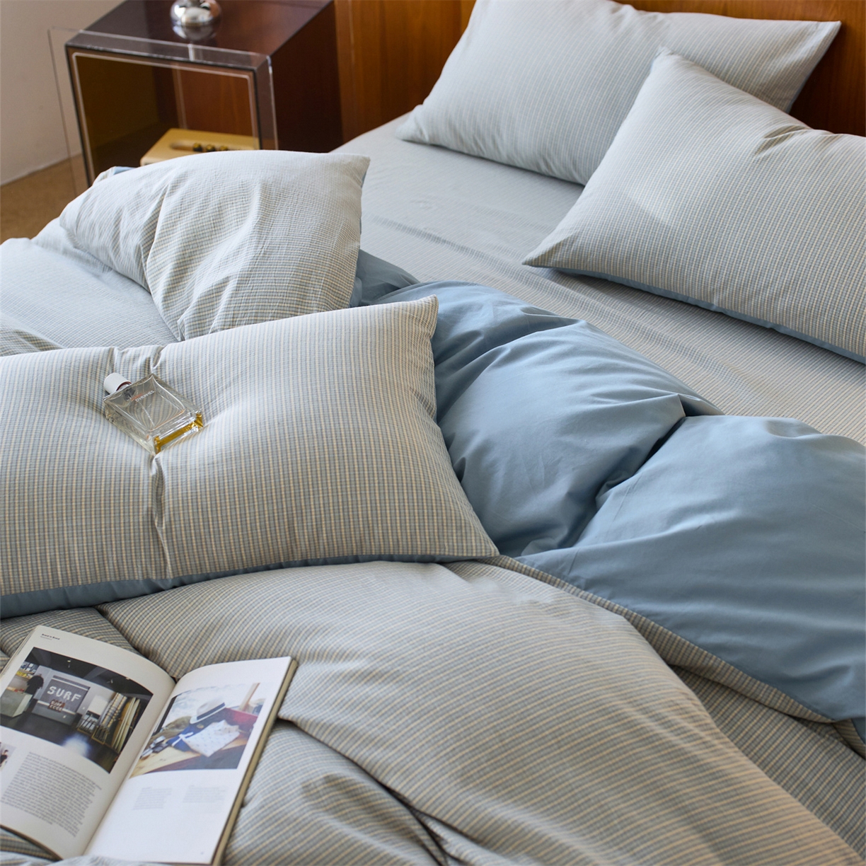 91家纺网 家纺一手货源 找家纺 启程家纺 2026新款全棉纯棉色织水洗棉单枕套枕套单件单品枕套 麦田-蓝