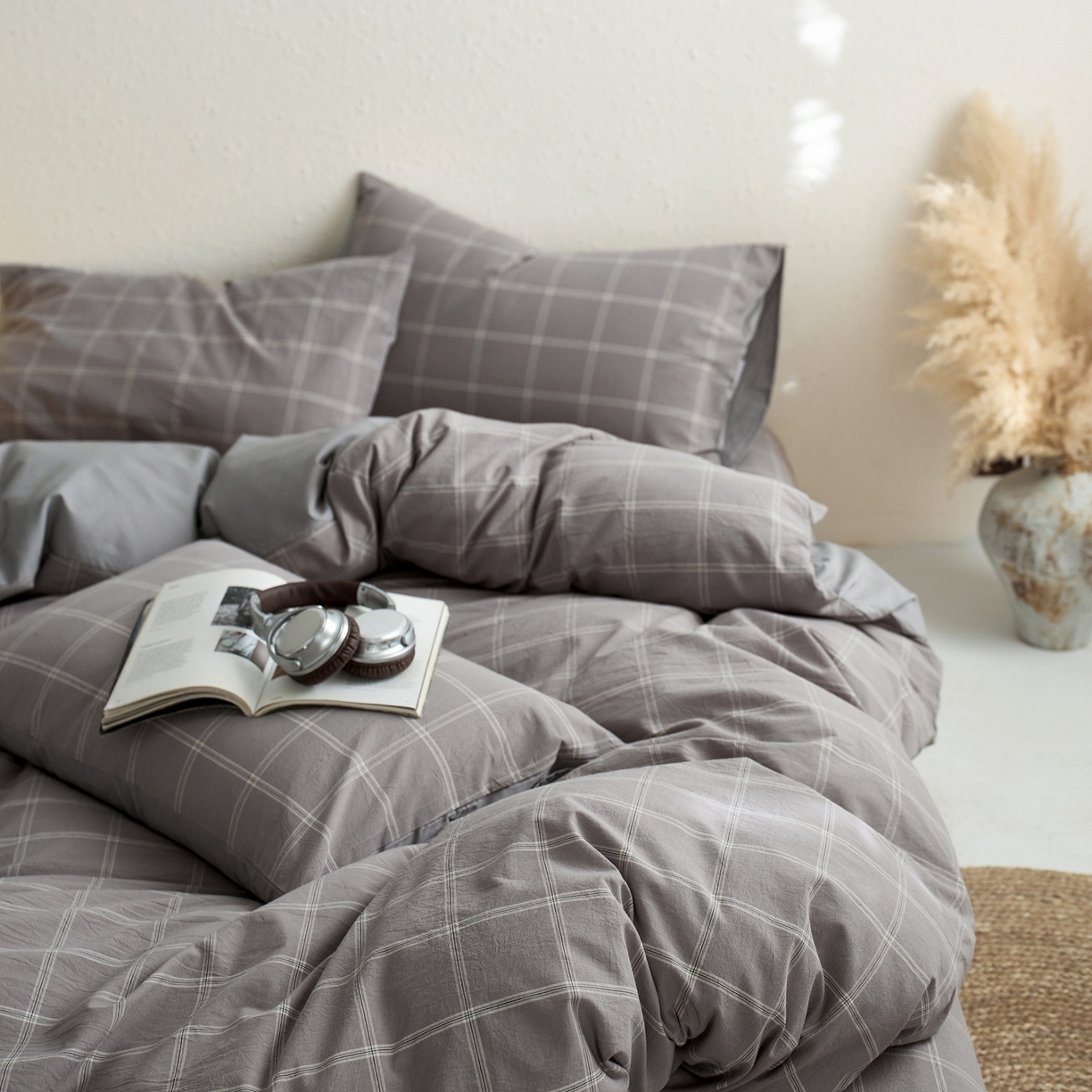 91家纺网 家纺一手货源 找家纺 启程家纺 2026春夏新款全棉纯棉色织水洗棉四件套 大布丁-灰