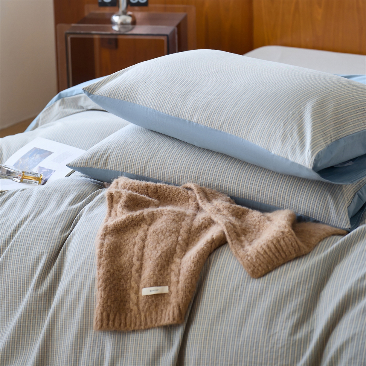 91家纺网 家纺一手货源 找家纺 启程家纺 2026新款全棉纯棉色织水洗棉单枕套枕套单件单品枕套 麦田-蓝