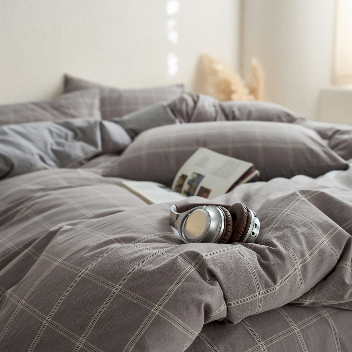 91家纺网 家纺一手货源 找家纺 启程家纺 2026春夏新款全棉纯棉色织水洗棉四件套 大布丁-灰