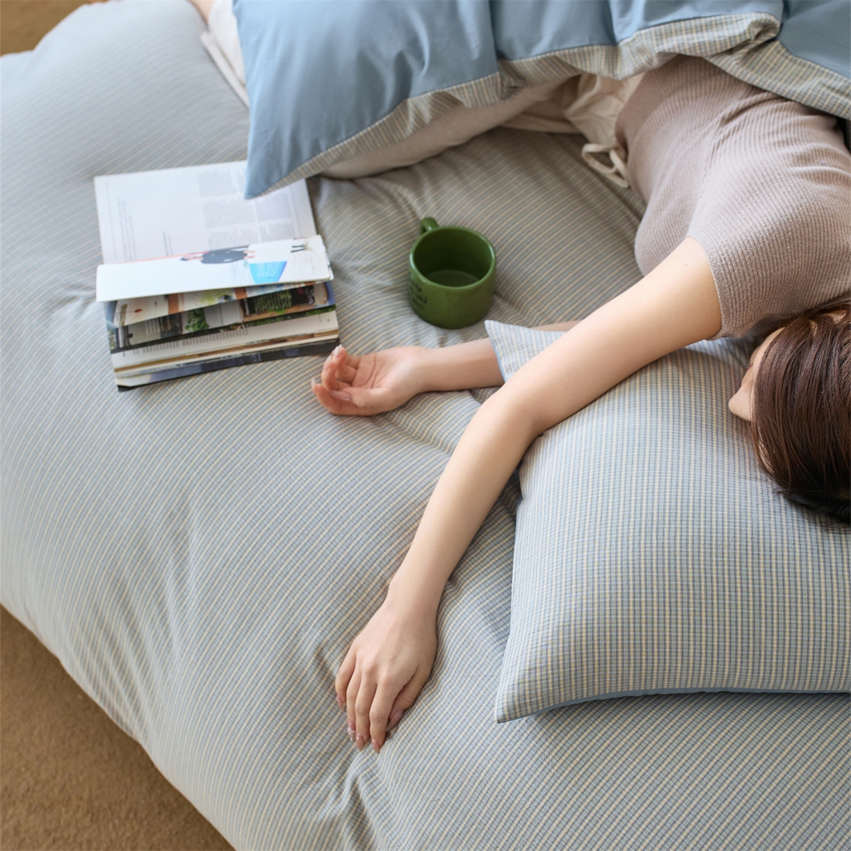 91家纺网 家纺一手货源 找家纺 启程家纺 2026新款全棉纯棉色织水洗棉单枕套枕套单件单品枕套 麦田-蓝