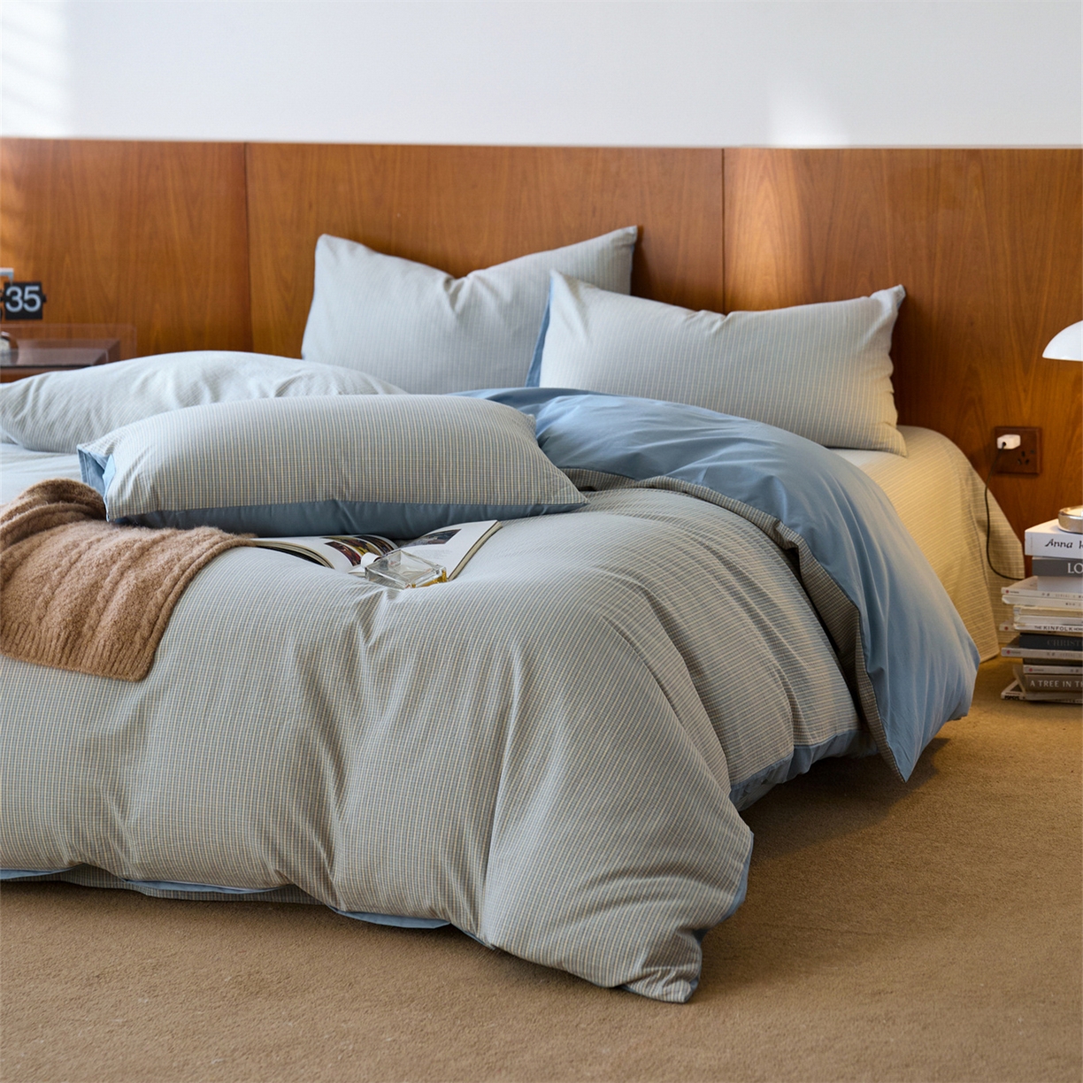 91家纺网 家纺一手货源 找家纺 启程家纺 2026新款全棉纯棉色织水洗棉单枕套枕套单件单品枕套 麦田-蓝