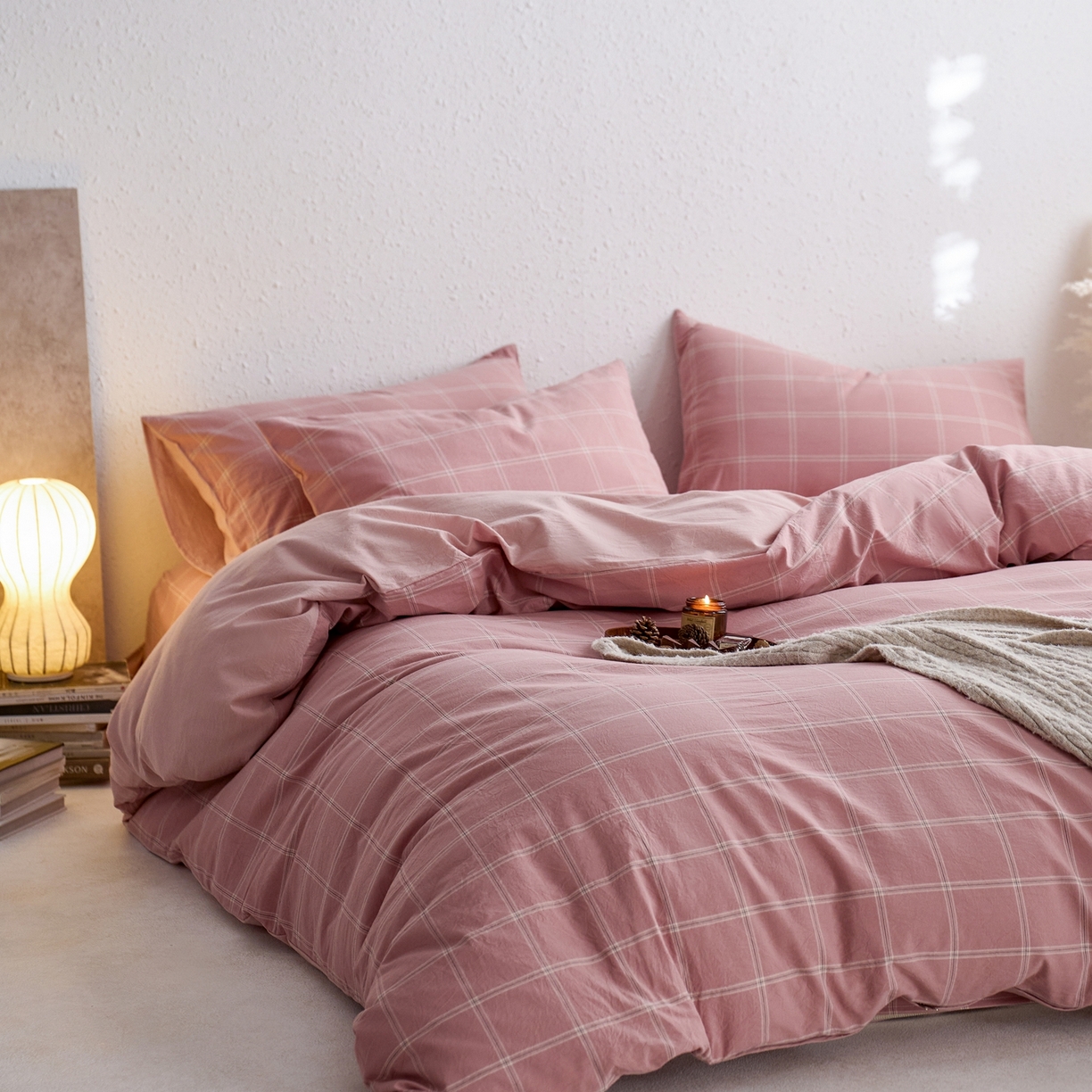 91家纺网 家纺一手货源 找家纺 启程家纺 2026春夏新款全棉纯棉色织水洗棉四件套 大布丁-粉