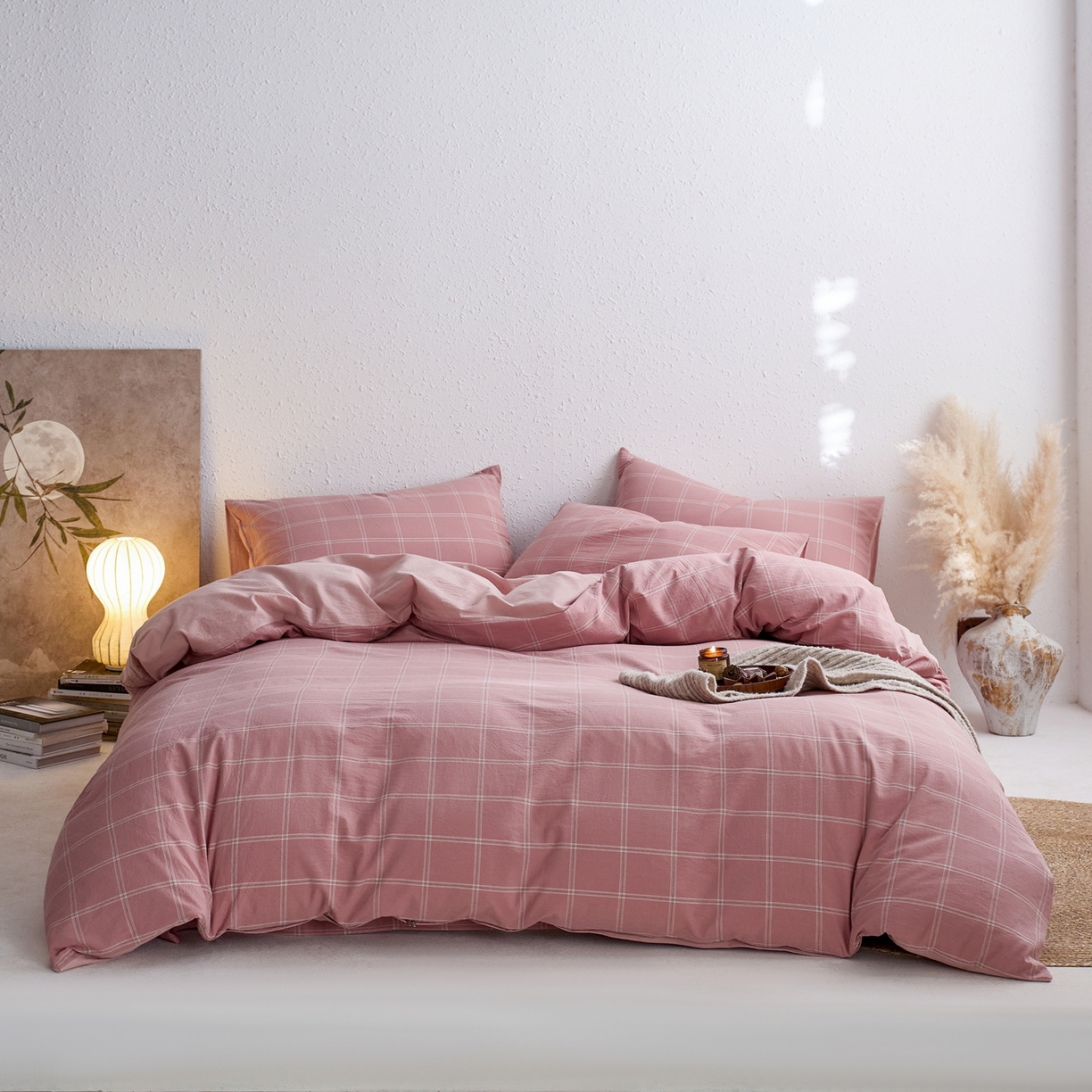 91家纺网 家纺一手货源 找家纺 启程家纺 2026春夏新款全棉纯棉色织水洗棉四件套 大布丁-粉