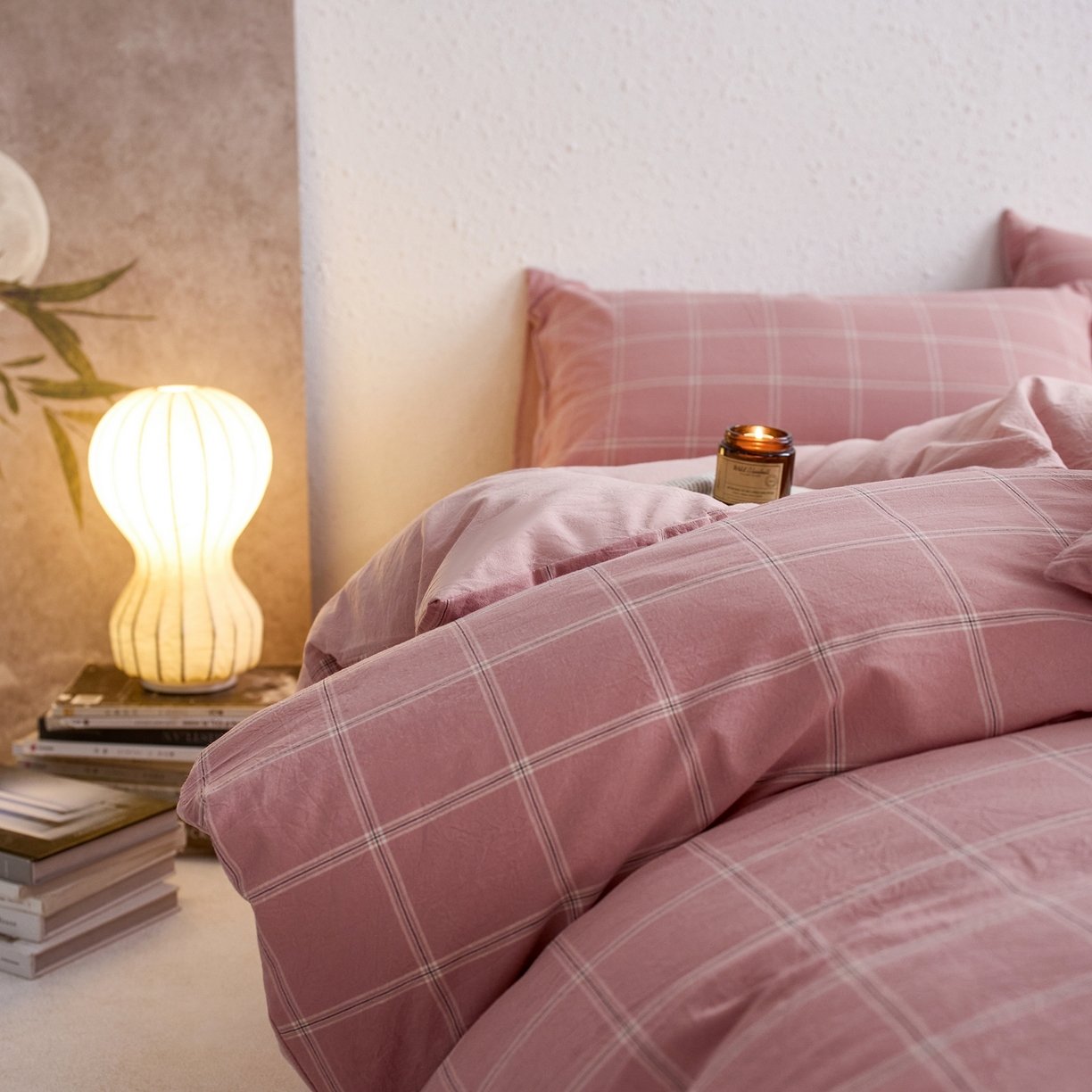 91家纺网 家纺一手货源 找家纺 启程家纺 2026春夏新款全棉纯棉色织水洗棉四件套 大布丁-粉