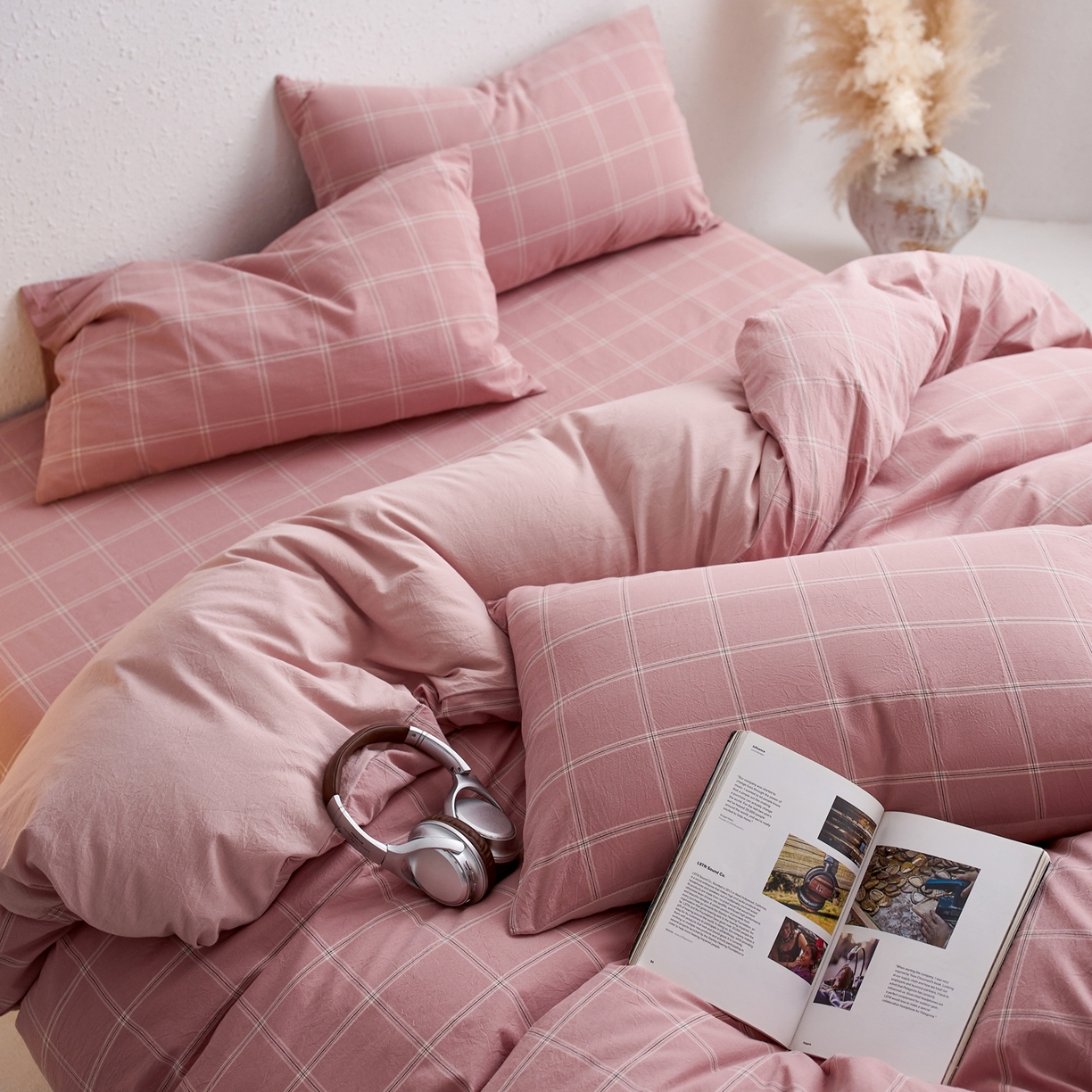 91家纺网 家纺一手货源 找家纺 启程家纺 2026春夏新款全棉纯棉色织水洗棉四件套 大布丁-粉