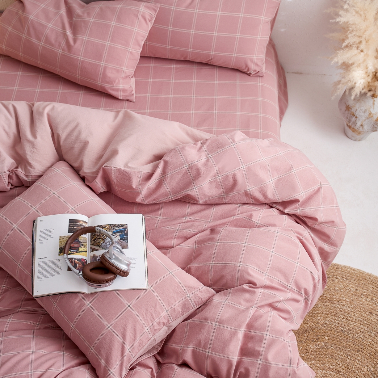 91家纺网 家纺一手货源 找家纺 启程家纺 2026春夏新款全棉纯棉色织水洗棉四件套 大布丁-粉