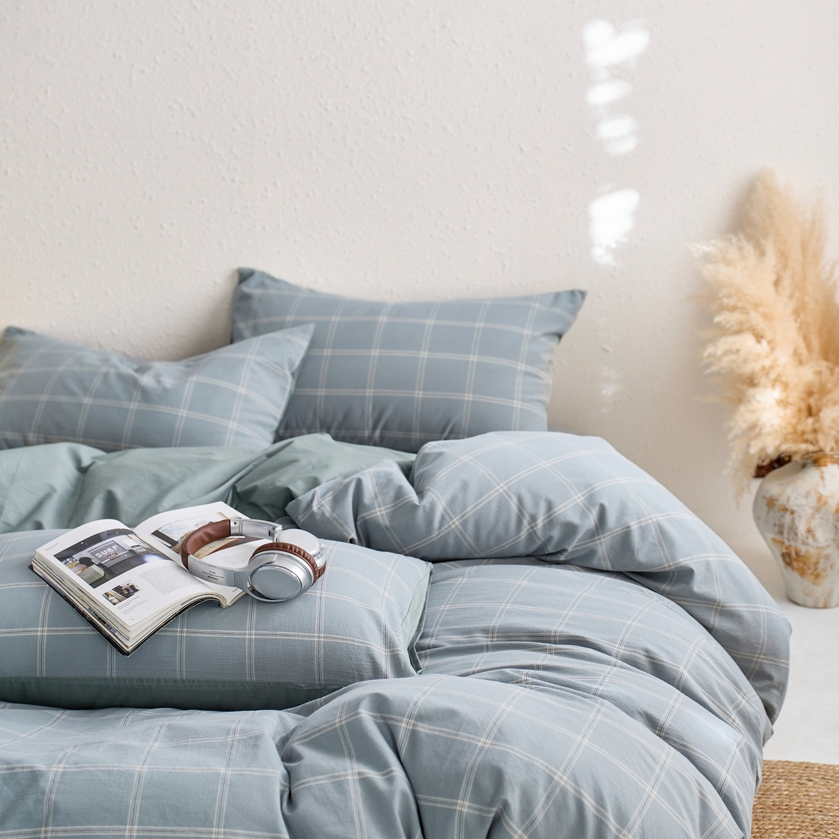 91家纺网 家纺一手货源 找家纺 启程家纺 2026春夏新款全棉纯棉色织水洗棉四件套 大布丁绿