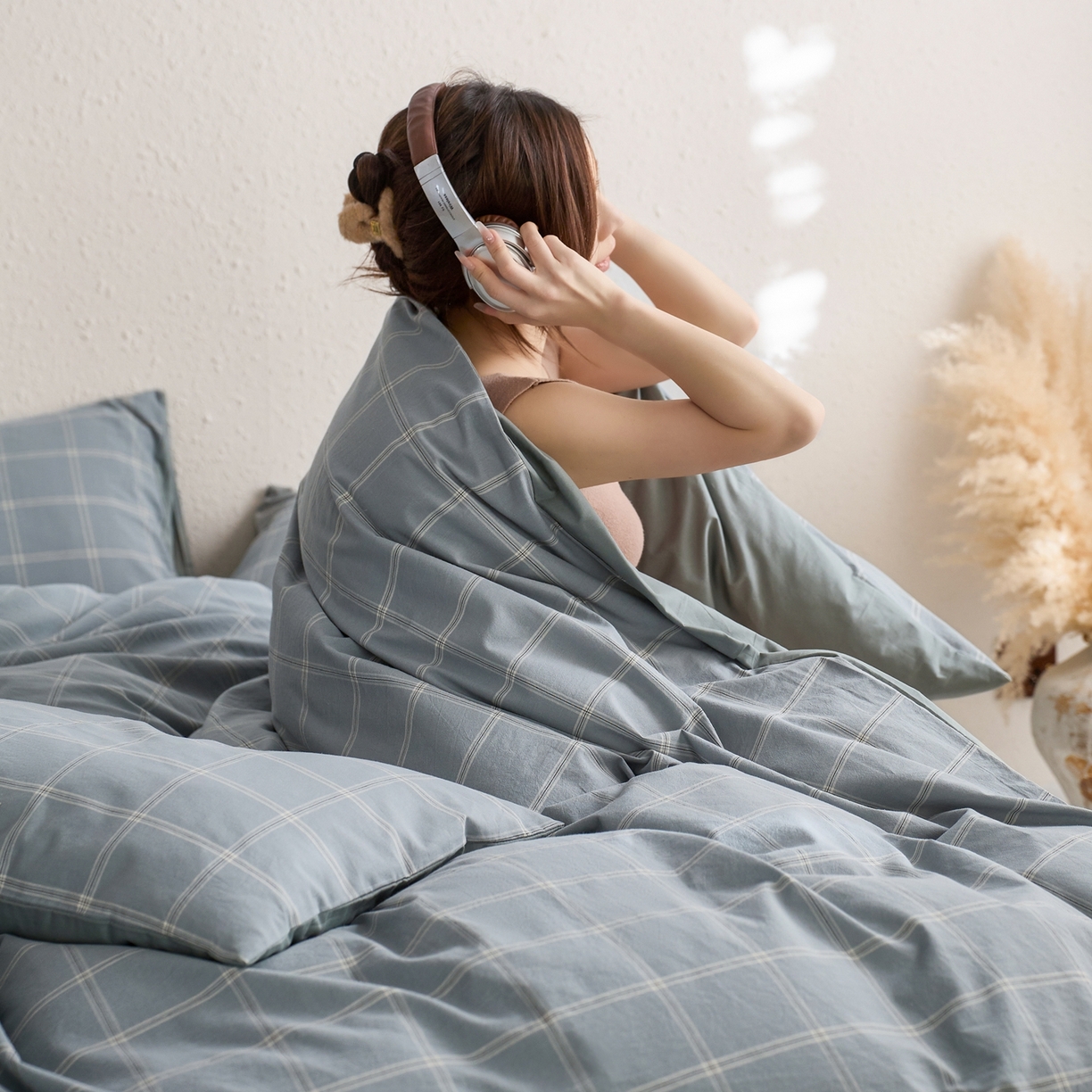 91家纺网 家纺一手货源 找家纺 启程家纺 2026春夏新款全棉纯棉色织水洗棉四件套 大布丁绿