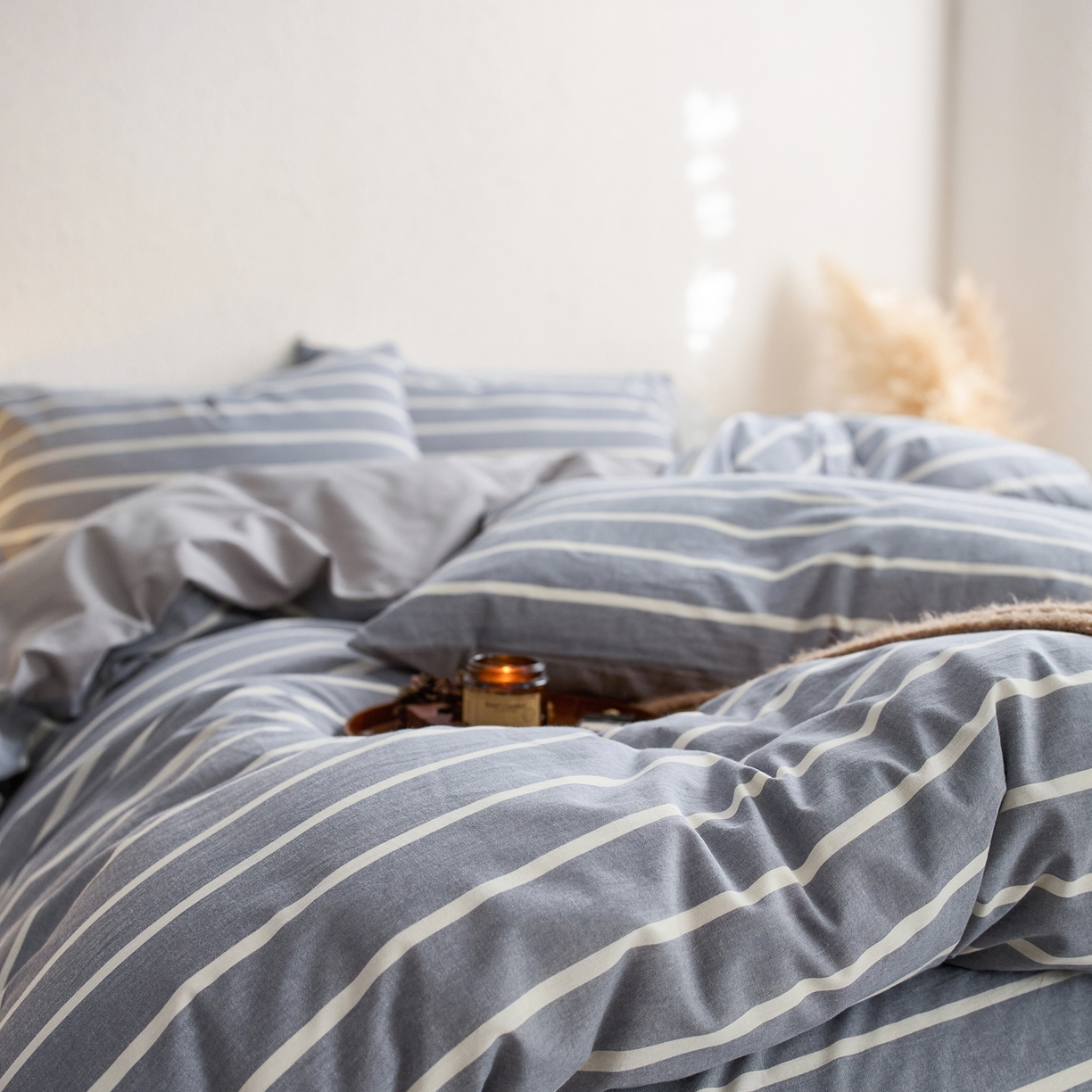 91家纺网 家纺一手货源 找家纺 启程家纺 2026春夏新款全棉纯棉色织水洗棉四件套 威特浅蓝