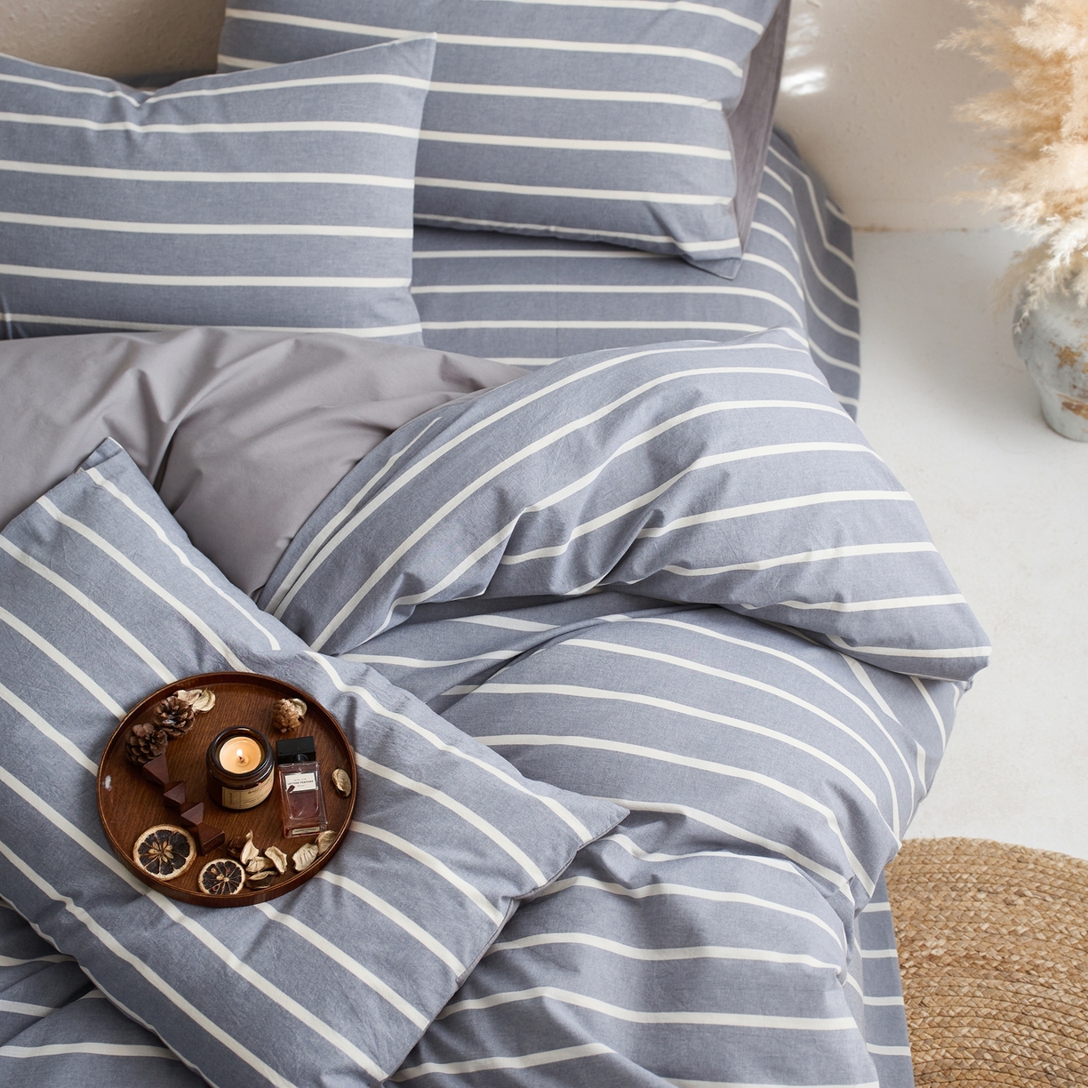 91家纺网 家纺一手货源 找家纺 启程家纺 2026春夏新款全棉纯棉色织水洗棉四件套 威特浅蓝