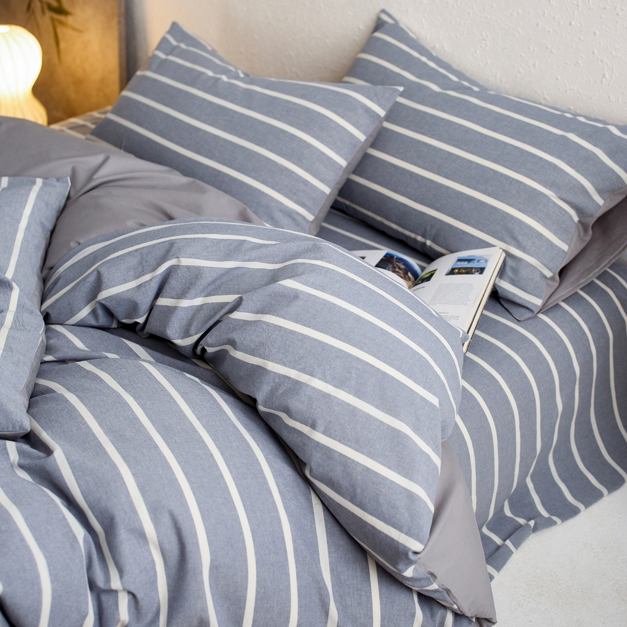 91家纺网 家纺一手货源 找家纺 启程家纺 2026春夏新款全棉纯棉色织水洗棉四件套 威特浅蓝