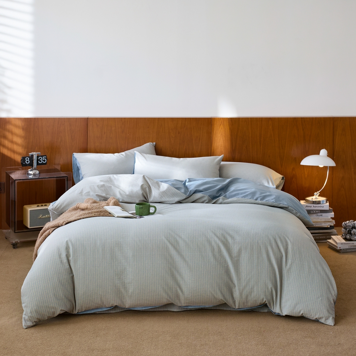 91家纺网 家纺一手货源 找家纺 启程家纺 2026春夏新款全棉纯棉色织水洗棉四件套 麦田-蓝