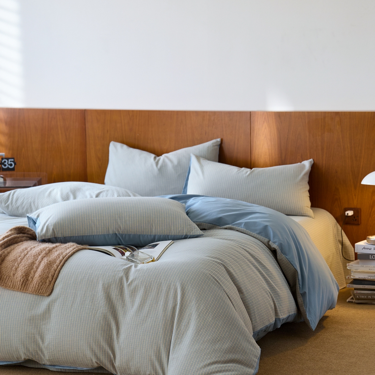 91家纺网 家纺一手货源 找家纺 启程家纺 2026春夏新款全棉纯棉色织水洗棉四件套 麦田-蓝