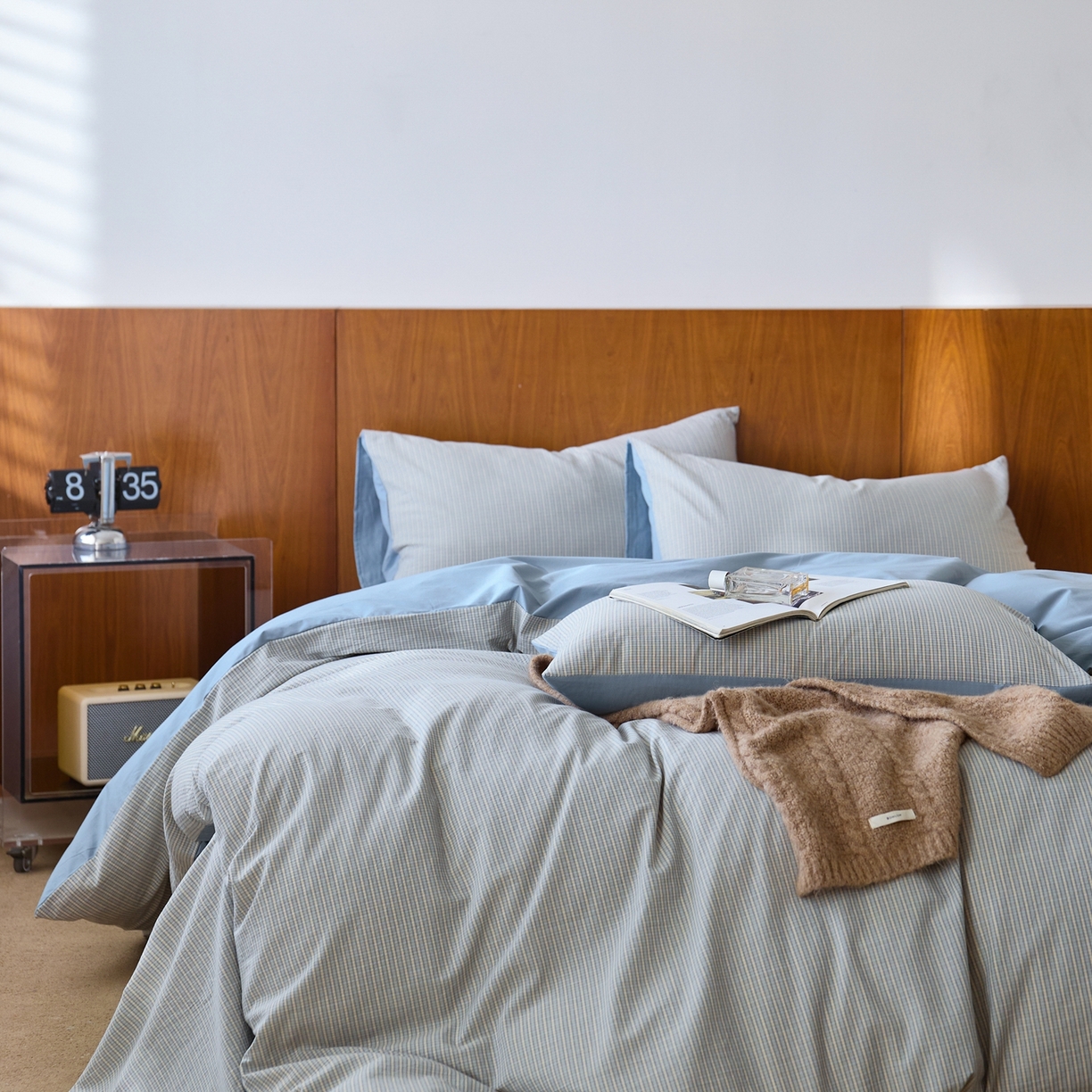 91家纺网 家纺一手货源 找家纺 启程家纺 2026春夏新款全棉纯棉色织水洗棉四件套 麦田-蓝