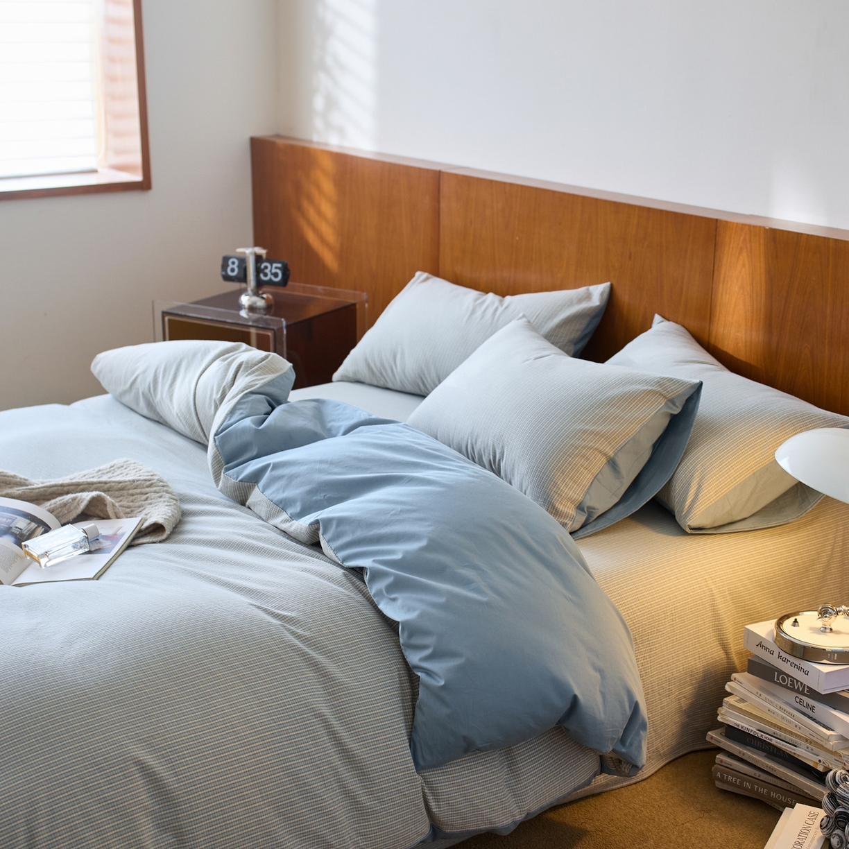 91家纺网 家纺一手货源 找家纺 启程家纺 2026春夏新款全棉纯棉色织水洗棉四件套 麦田-蓝