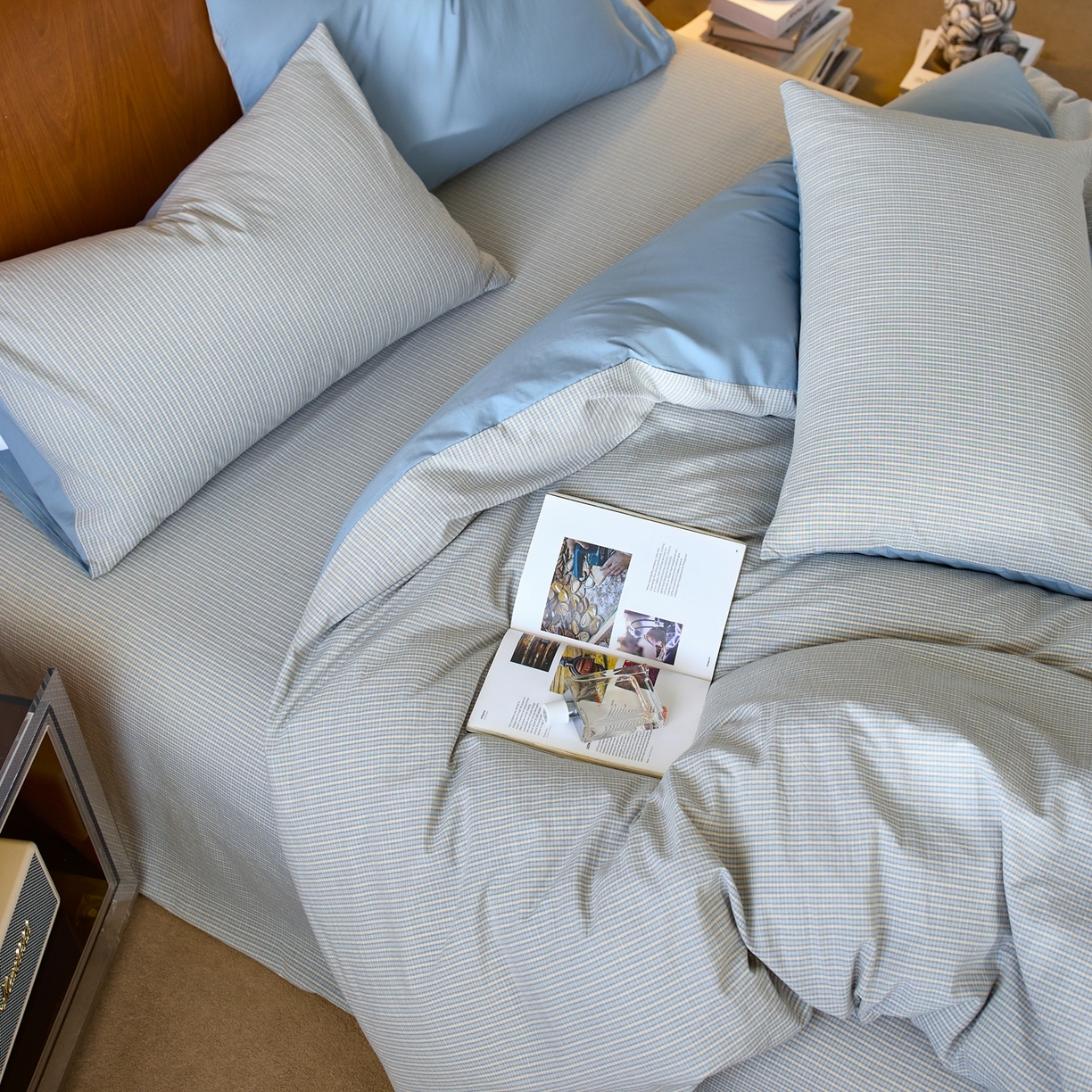 91家纺网 家纺一手货源 找家纺 启程家纺 2026春夏新款全棉纯棉色织水洗棉四件套 麦田-蓝