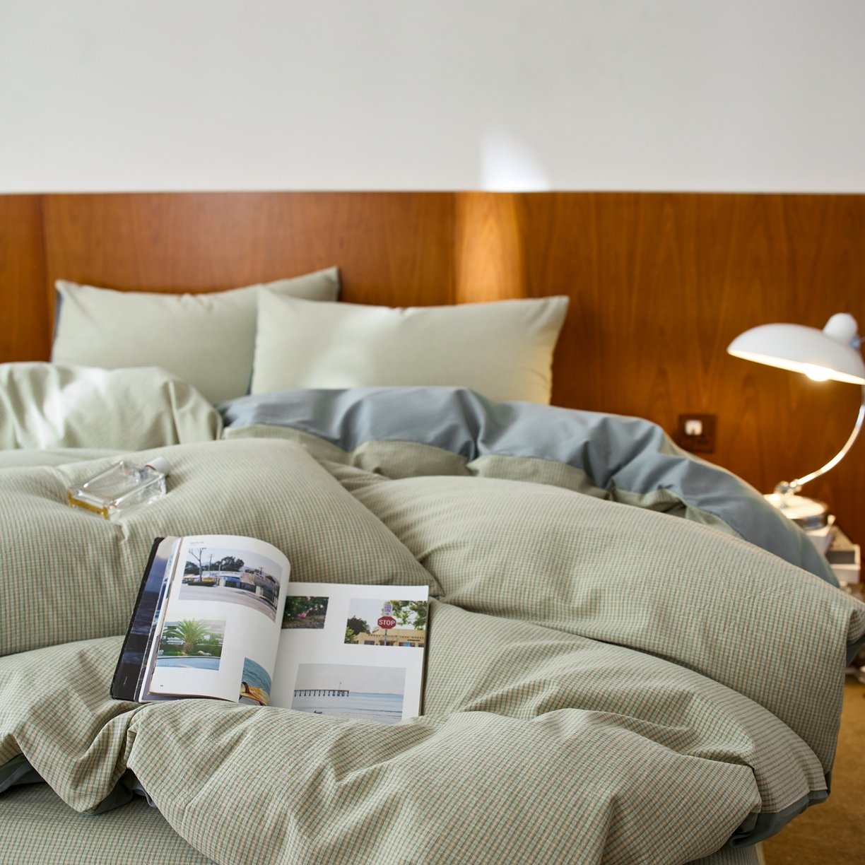 91家纺网 家纺一手货源 找家纺 启程家纺 2026春夏新款全棉纯棉色织水洗棉四件套 麦田-绿