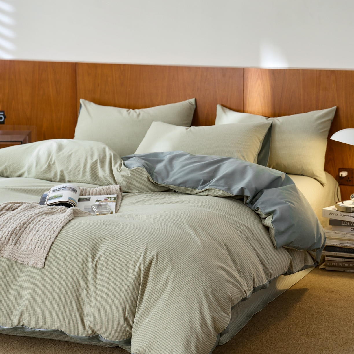 91家纺网 家纺一手货源 找家纺 启程家纺 2026春夏新款全棉纯棉色织水洗棉四件套 麦田-绿