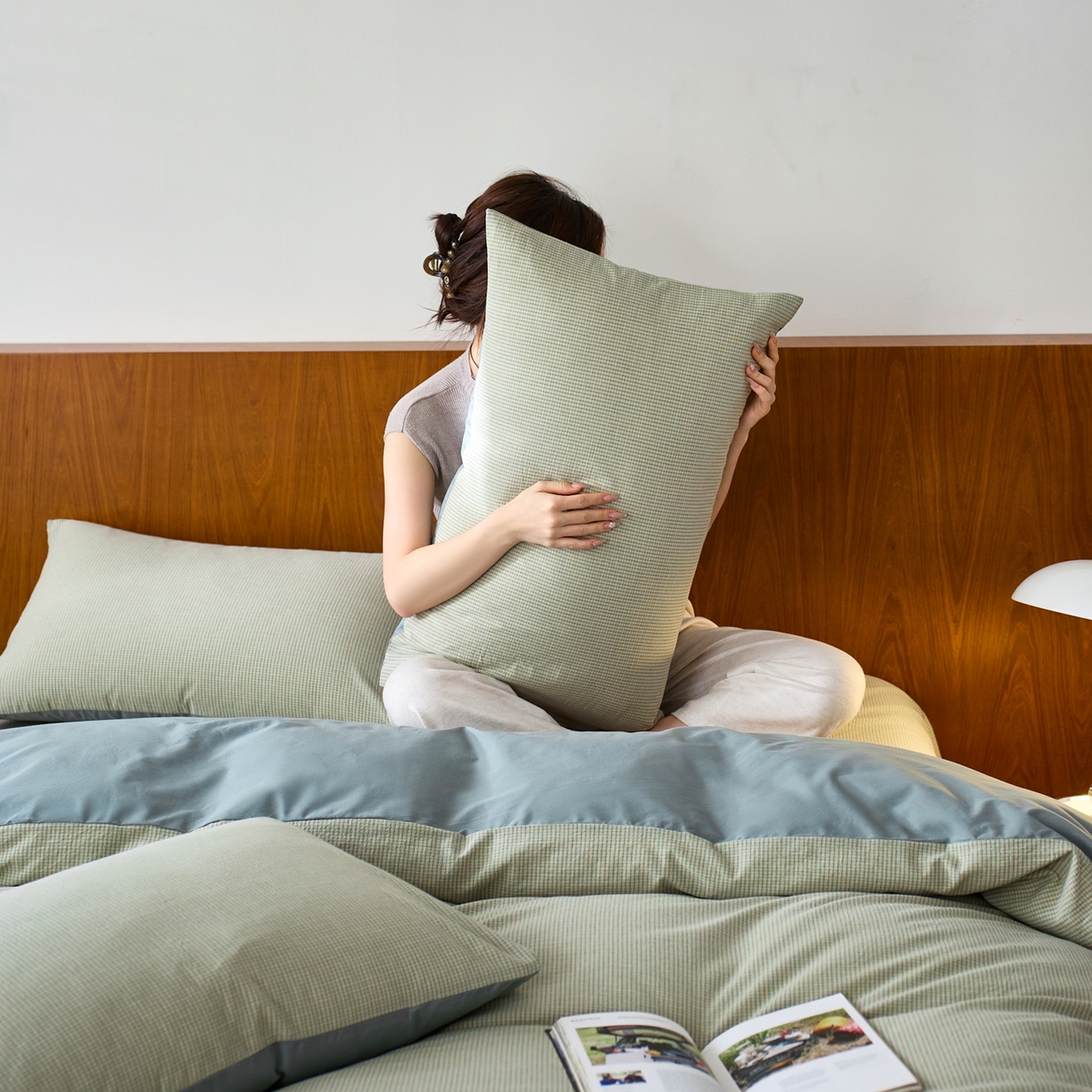 91家纺网 家纺一手货源 找家纺 启程家纺 2026春夏新款全棉纯棉色织水洗棉四件套 麦田-绿