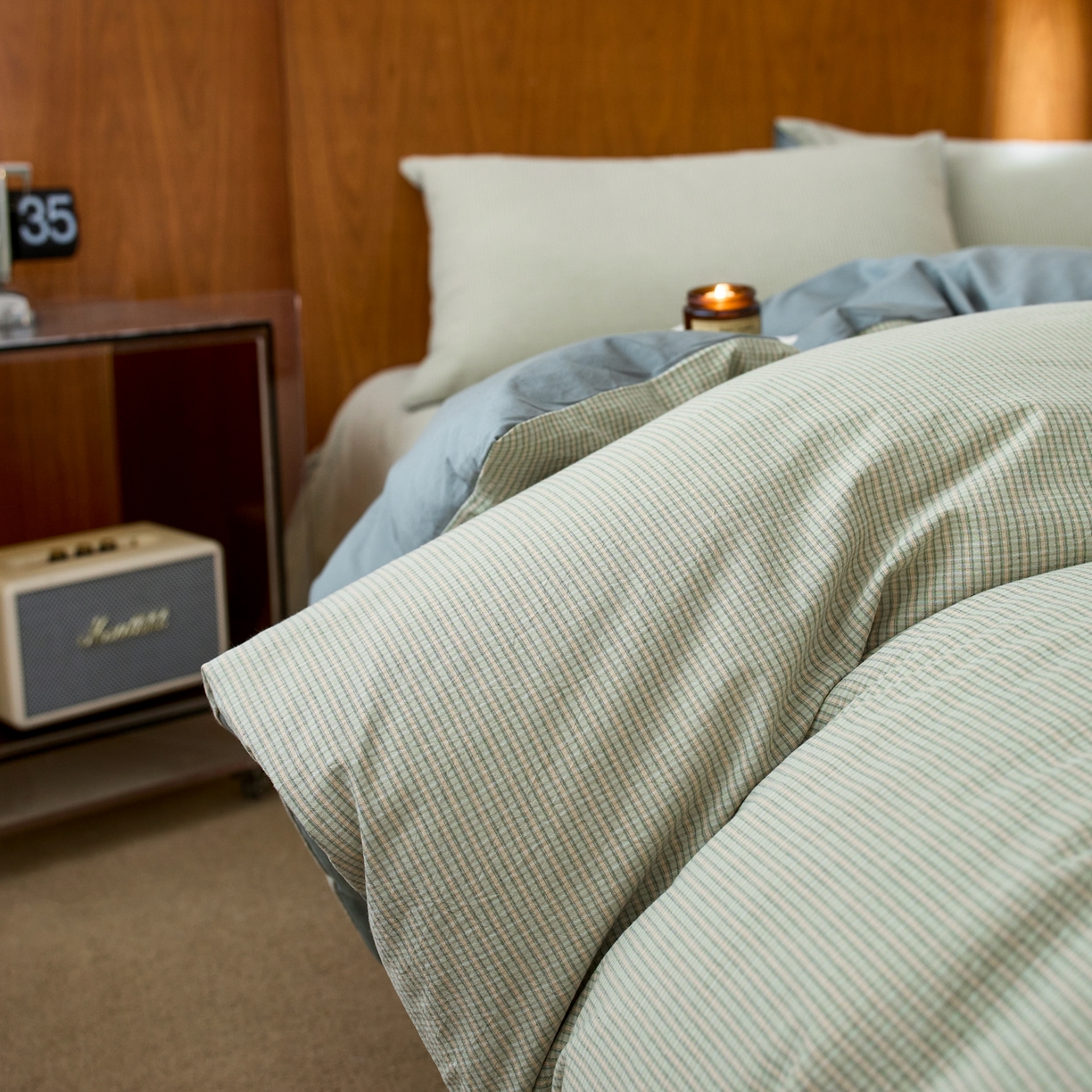 91家纺网 家纺一手货源 找家纺 启程家纺 2026春夏新款全棉纯棉色织水洗棉四件套 麦田-绿