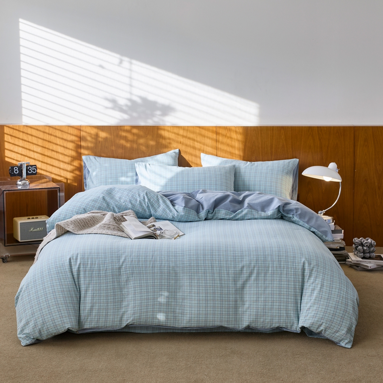 91家纺网 家纺一手货源 找家纺 启程家纺 2026春夏新款全棉纯棉色织水洗棉四件套 秋田-蓝