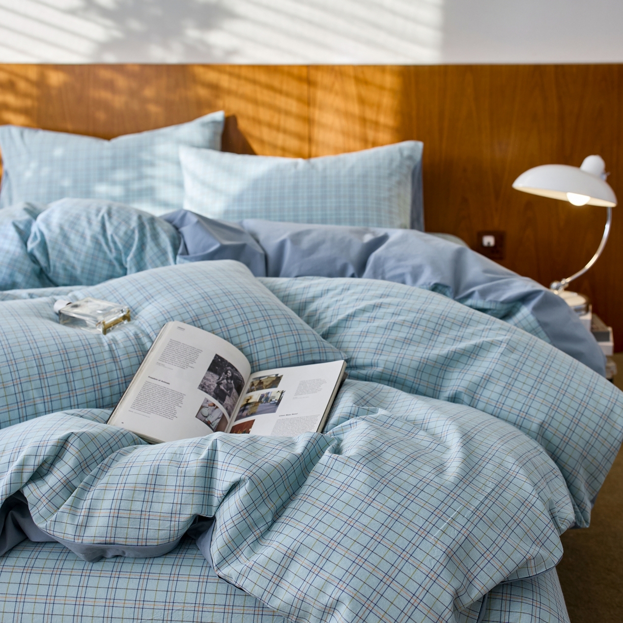 91家纺网 家纺一手货源 找家纺 启程家纺 2026春夏新款全棉纯棉色织水洗棉四件套 秋田-蓝