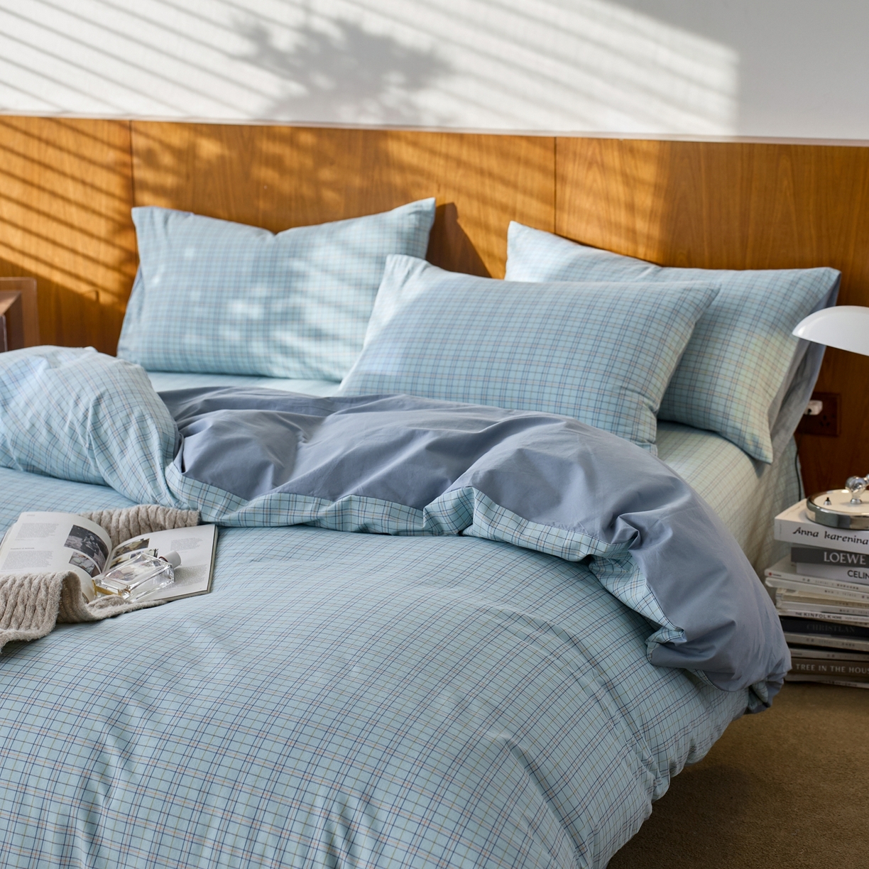 91家纺网 家纺一手货源 找家纺 启程家纺 2026春夏新款全棉纯棉色织水洗棉四件套 秋田-蓝