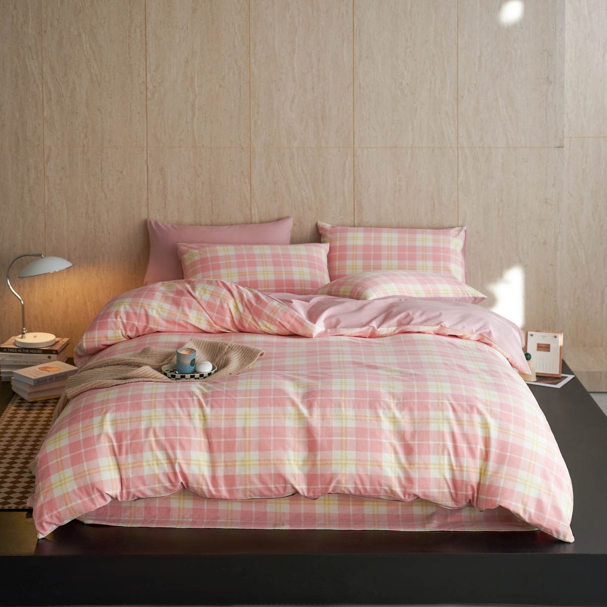 91家纺网 家纺一手货源 找家纺 启程家纺 2026春夏新款全棉纯棉色织水洗棉四件套 爱格-粉