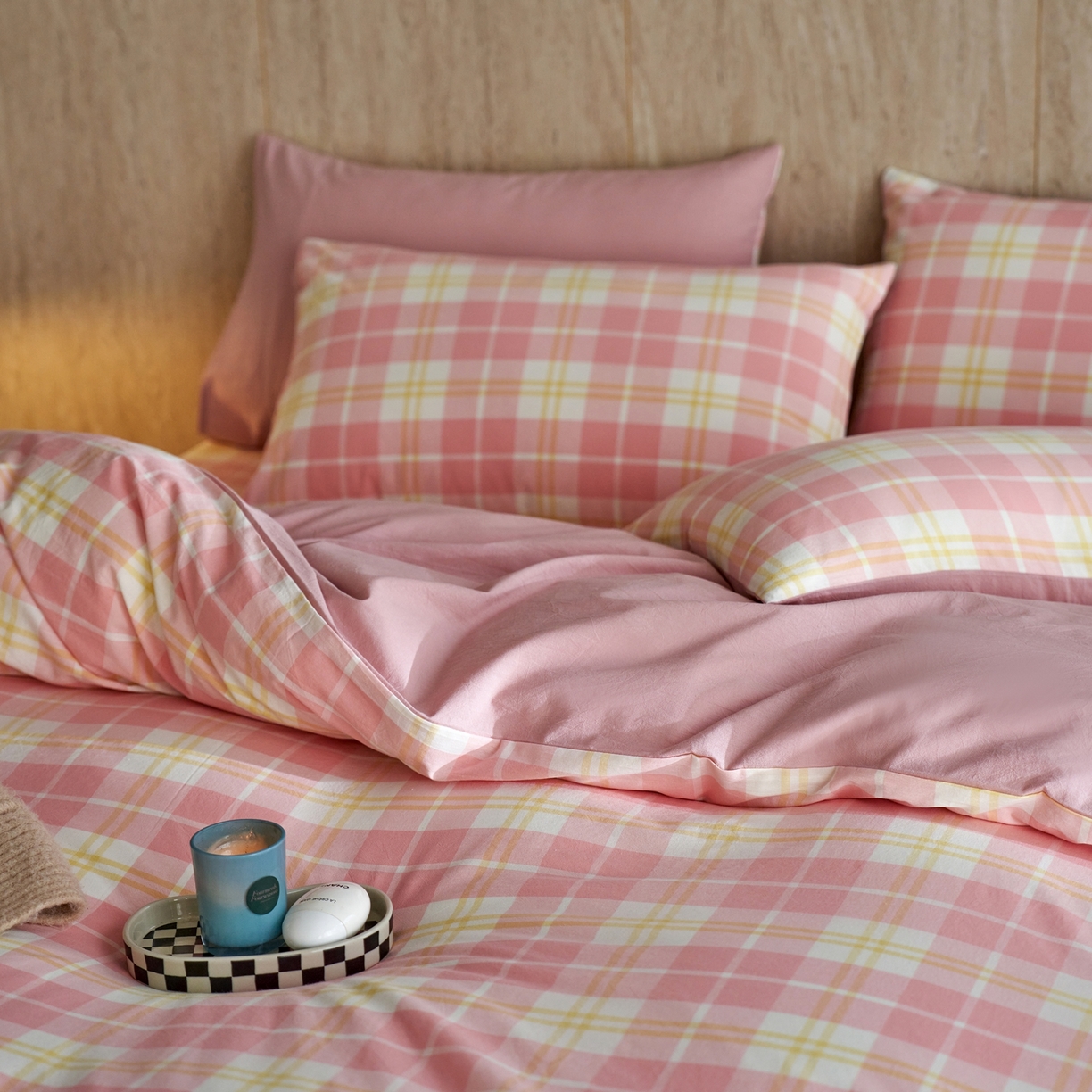 91家纺网 家纺一手货源 找家纺 启程家纺 2026春夏新款全棉纯棉色织水洗棉四件套 爱格-粉